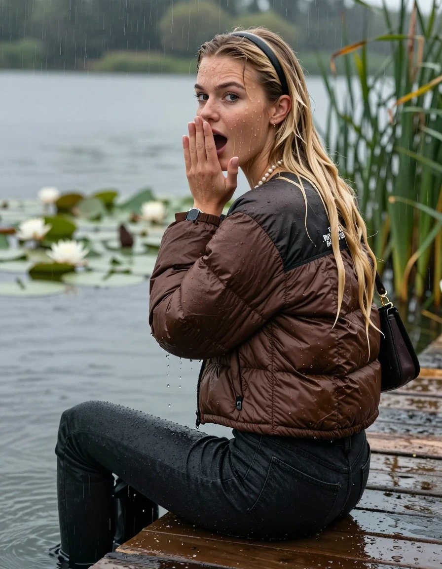photo of young woman, in soaking wet, drenched clothes,
, tight Dark skinny jeans, brown north face puffer down jacket, Open jacket, tight v-neck sweater, shoulderbag, pearl necklace, bracelet, wristwatch,  jetty by the lake with water lilies and reeds, 
enjoying, wet clothes stuck to body,
detailed textures of the wet clothes, wet face, wet plastered hair,
wet, drenched, professional, high-quality details, full body view.
sharp focus, ultra-high pixel detail, realistic, high-quality, full colors, incredibly detailed, 4k, 8k, 16k, hyper-realistic, RAW photo, masterpiece, ultra-detailed, professionally color graded, professional photograph, A realistic vertical fashion photograph taken from a backward, behind-the-back angle of a 18-year-old teenage girl sitting on a jetty by the lake after diving in the water, facing to the camera to show her back. She is tilting her head at camera, letting the water drench her hair so it is glued flat against her head and body. She has two blonde sleek very long straight hair with hairband  , completely saturated and dripping wet hair, with water cascading down her face and neck. Afraid and astonished expression. cover her mouth with her hands. open mouth, big eyes. The lighting is bright and cinematic, highlighting the glistening water droplets on her skin and the saturated texture of her  casual clothes. Heavy rain is visible falling against her. Soft, moody indoor lighting with reflections on the water. High-quality fashion photography style.
her clothing is soaking wet and clinging tightly to her skin, showing heavy wet folds, darkened fabric texture, and deep water-saturated Patches, her clothes are heavy from the water, water runs from her body and her clothes in streams. A lot of water also runs out of her clothes. Her clothes are darkened by the water. 
hyper-realistic wetness, high-contrast water sheen, sharp focus, 16k resolution, professional photography, realistic water physics., wet skin, wet clothes, damp fabric, wet skin, wet clothes, damp fabric, wet skin, wet clothes, damp fabric, wet skin, wet clothes, damp fabric, wet skin, wet clothes, damp fabric, wet skin, wet clothes, damp fabric, wet skin, wet clothes, damp fabric, wet skin, wet clothes, damp fabric, wet skin, wet clothes, damp fabric, wet skin, wet clothes, damp fabric, wet skin, wet clothes, damp fabric, wet skin, wet clothes, damp fabric, wet skin, wet clothes, damp fabric, wet skin, wet clothes, damp fabric, wet skin, wet clothes, damp fabric, wet skin, wet clothes, damp fabric, wet skin, wet clothes, damp fabric, wet skin, wet clothes, damp fabric, wet skin, wet clothes, damp fabric, wet skin, wet clothes, damp fabric