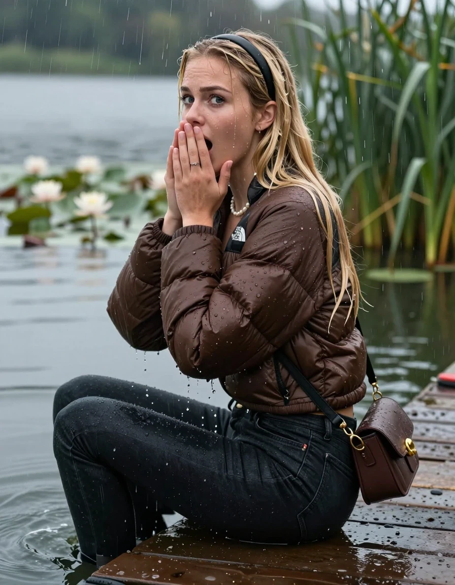 photo of young woman, in soaking wet, drenched clothes,
, tight Dark skinny jeans, brown north face puffer down jacket, Open jacket, tight v-neck sweater, shoulderbag, pearl necklace, bracelet, wristwatch,  jetty by the lake with water lilies and reeds, 
enjoying, wet clothes stuck to body,
detailed textures of the wet clothes, wet face, wet plastered hair,
wet, drenched, professional, high-quality details, full body view.
sharp focus, ultra-high pixel detail, realistic, high-quality, full colors, incredibly detailed, 4k, 8k, 16k, hyper-realistic, RAW photo, masterpiece, ultra-detailed, professionally color graded, professional photograph, A realistic vertical fashion photograph taken from a backward, behind-the-back angle of a 18-year-old teenage girl sitting on a jetty by the lake after diving in the water, facing to the camera to show her back. She is tilting her head at camera, letting the water drench her hair so it is glued flat against her head and body. She has two blonde sleek very long straight hair with hairband  , completely saturated and dripping wet hair, with water cascading down her face and neck. Afraid and astonished expression. cover her mouth with her hands. open mouth, big eyes. The lighting is bright and cinematic, highlighting the glistening water droplets on her clothes and the saturated texture of her  casual clothes. Heavy rain is visible falling against her. Soft, moody indoor lighting with reflections on the water. High-quality fashion photography style.
her clothing is soaking wet and clinging tightly to her skin, showing heavy wet folds, darkened fabric texture, and deep water-saturated Patches, her clothes are heavy from the water, water runs from her body and her clothes in streams. A lot of water also runs out of her clothes. Her clothes are darkened by the water. 
hyper-realistic wetness, high-contrast water sheen, sharp focus, 16k resolution, professional photography, realistic water physics., wet skin, wet clothes, damp fabric, wet skin, wet clothes, damp fabric, wet skin, wet clothes, damp fabric, wet skin, wet clothes, damp fabric, wet skin, wet clothes, damp fabric, wet skin, wet clothes, damp fabric, wet skin, wet clothes, damp fabric, wet skin, wet clothes, damp fabric, wet skin, wet clothes, damp fabric, wet skin, wet clothes, damp fabric, wet skin, wet clothes, damp fabric, wet skin, wet clothes, damp fabric, wet skin, wet clothes, damp fabric, wet skin, wet clothes, damp fabric, wet skin, wet clothes, damp fabric, wet skin, wet clothes, damp fabric, wet skin, wet clothes, damp fabric, wet skin, wet clothes, damp fabric, wet skin, wet clothes, damp fabric, wet skin, wet clothes, damp fabric