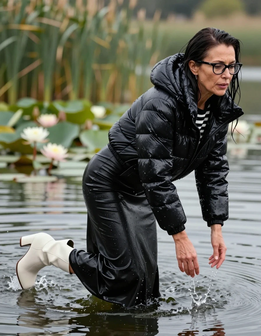 photo of young woman, in soaking wet, drenched clothes,
high-heeled white boots, black leather flared maxi skirt, shiny black & white striped sweater, maxi shiny black down jacket, Swimming deep into the water after diving in a lake with water lilies and reeds, 
enjoying, wet clothes stuck to body,
detailed textures of the wet clothes, wet face, wet plastered hair,
wet, drenched, professional, high-quality details, full body view.
sharp focus, ultra-high pixel detail, realistic, high-quality, full colors, incredibly detailed, 4k, 8k, 16k, hyper-realistic, RAW photo, masterpiece, ultra-detailed, professionally color graded, professional photograph, europen brunette skinny woman 50 years old, long dark black hair, office glasses, very big and thick lips, complete body, wet skin, wet clothes, damp fabric, wet skin, wet clothes, damp fabric, wet skin, wet clothes, damp fabric, wet skin, wet clothes, damp fabric, wet skin, wet clothes, damp fabric, wet skin, wet clothes, damp fabric, wet skin, wet clothes, damp fabric