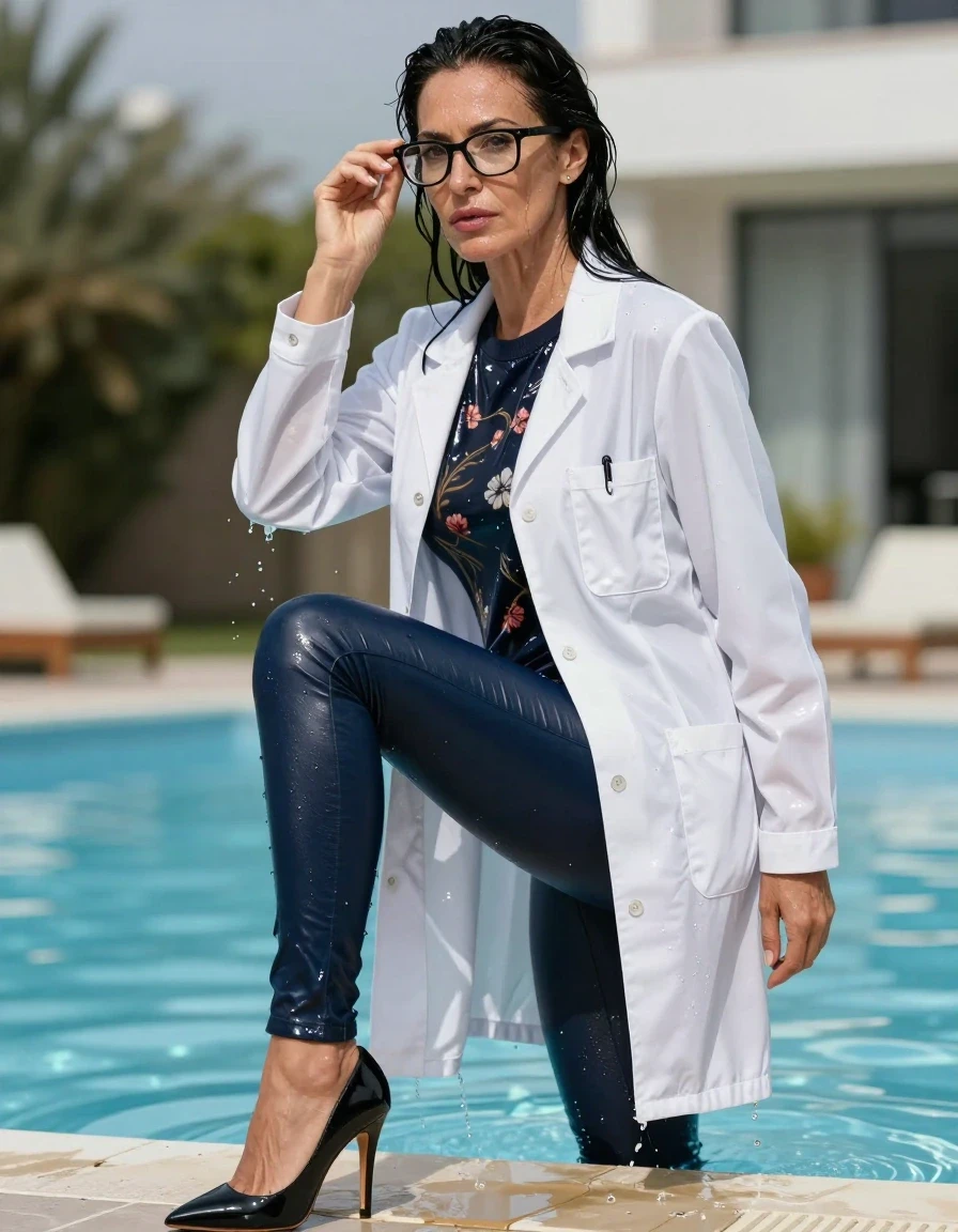 photo of young woman, in soaking wet, drenched clothes,
high-heeled shoes, long dark blue tight leather jeans, shiny black floral sweater, maxi shiny white labcoat, after bath in sunny pool, 
enjoying, wet clothes stuck to body,
detailed textures of the wet clothes, wet face, wet plastered hair,
wet, drenched, professional, high-quality details, full body view.
sharp focus, ultra-high pixel detail, realistic, high-quality, full colors, incredibly detailed, 4k, 8k, 16k, hyper-realistic, RAW photo, masterpiece, ultra-detailed, professionally color graded, professional photograph, europen brunette skinny woman 50 years old, long dark black hair, office glasses, very big and thick lips, complete body, wet skin, wet clothes, damp fabric, wet skin, wet clothes, damp fabric, wet skin, wet clothes, damp fabric, wet skin, wet clothes, damp fabric, wet skin, wet clothes, damp fabric, wet skin, wet clothes, damp fabric, wet skin, wet clothes, damp fabric