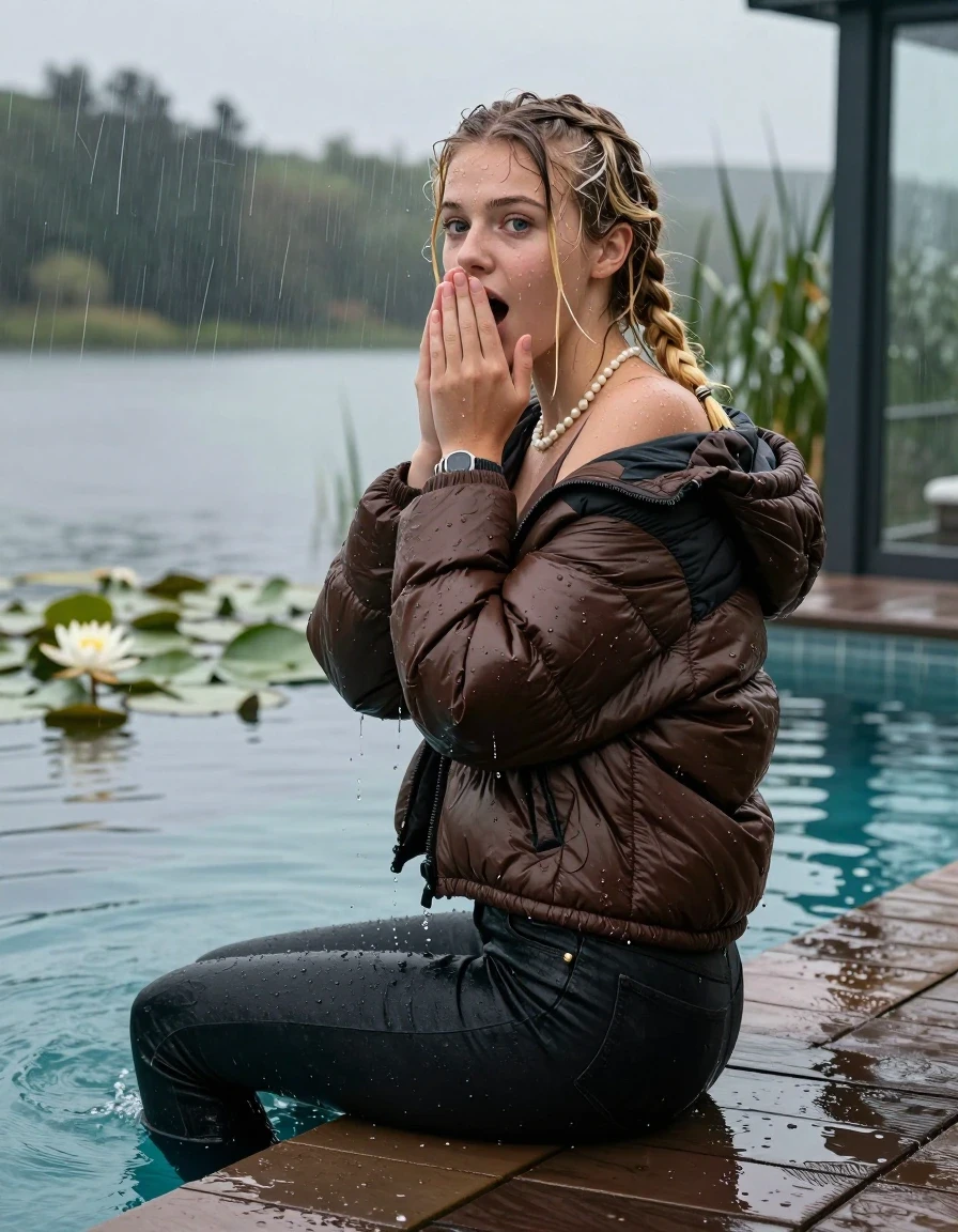 photo of young woman, in soaking wet, drenched clothes,
, Dark skinny jeans, brown north face puffer down jacket, Open jacket, tight v-neck sweater, shoulderbag, pearl necklace, bracelet, wristwatch, Orgasm in jetty by the lake with water lilies and reeds, 
enjoying, wet clothes stuck to body,
detailed textures of the wet clothes, wet face, wet plastered hair,
wet, drenched, professional, high-quality details, full body view.
sharp focus, ultra-high pixel detail, realistic, high-quality, full colors, incredibly detailed, 4k, 8k, 16k, hyper-realistic, RAW photo, masterpiece, ultra-detailed, professionally color graded, professional photograph, A realistic vertical fashion photograph taken from a backward, behind-the-back angle of a 15-year-old teenage girl sitting  in a glass-walled outdoor swimming pool, facing to the camera to show her back. She is tilting her head at camera, letting the water drench her hair so it is glued flat against her head and body. She has two blonde long braids , completely saturated and dripping wet hair, with water cascading down her face and neck. Afraid and astonished expression. cover her mouth with her hands. open mouth, big eyes. The lighting is bright and cinematic, highlighting the glistening water droplets on her skin and the saturated texture of her  casual clothes. Outside the large glass wall of the pool building, heavy rain is visible falling against the window. Soft, moody indoor lighting with reflections on the water. High-quality fashion photography style.
her clothing is soaking wet and clinging tightly to her skin, showing heavy wet folds, darkened fabric texture, and deep water-saturated Patches, her clothes are heavy from the water, water runs from her body and her clothes in streams. A lot of water also runs out of her clothes. Her clothes are darkened by the water. 
hyper-realistic wetness, high-contrast water sheen, sharp focus, 16k resolution, professional photography, realistic water physics., wet skin, wet clothes, damp fabric, wet skin, wet clothes, damp fabric, wet skin, wet clothes, damp fabric, wet skin, wet clothes, damp fabric, wet skin, wet clothes, damp fabric, wet skin, wet clothes, damp fabric, wet skin, wet clothes, damp fabric, wet skin, wet clothes, damp fabric, wet skin, wet clothes, damp fabric, wet skin, wet clothes, damp fabric, wet skin, wet clothes, damp fabric, wet skin, wet clothes, damp fabric, wet skin, wet clothes, damp fabric, wet skin, wet clothes, damp fabric, wet skin, wet clothes, damp fabric, wet skin, wet clothes, damp fabric, wet skin, wet clothes, damp fabric, wet skin, wet clothes, damp fabric, wet skin, wet clothes, damp fabric