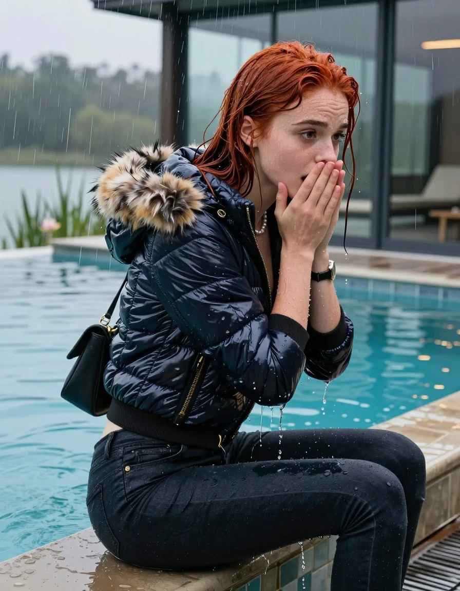 photo of young woman, in soaking wet, drenched clothes,
, Dark levis skinny jeans, Moncler shiny puffer down jacket with fur, Open jacket, tight v-neck sweater, shoulderbag, pearl necklace, bracelet, wristwatch, jetty by the lake with water lilies and reeds, 
enjoying, wet clothes stuck to body,
detailed textures of the wet clothes, wet face, wet plastered hair,
wet, drenched, professional, high-quality details, full body view.
sharp focus, ultra-high pixel detail, realistic, high-quality, full colors, incredibly detailed, 4k, 8k, 16k, hyper-realistic, RAW photo, masterpiece, ultra-detailed, professionally color graded, professional photograph, A realistic vertical fashion photograph taken from a backward, behind-the-back angle of a 15-year-old teenage girl sitting  in a glass-walled outdoor swimming pool, facing down to the camera to show her back. She is tilting her head at camera, letting the water drench her hair so it is glued flat against her head and body. She has red Sleek long straight hair , completely saturated and dripping wet hair, with water cascading down her face and neck. Afraid and astonished expression. cover her mouth with her hands. open mouth, big eyes. The lighting is bright and cinematic, highlighting the glistening water droplets on her skin and the saturated texture of her  casual clothes. Outside the large glass wall of the pool building, heavy rain is visible falling against the window. Soft, moody indoor lighting with reflections on the water. High-quality fashion photography style.
her clothing is soaking wet and clinging tightly to her skin, showing heavy wet folds, darkened fabric texture, and deep water-saturated Patches, her clothes are heavy from the water, water runs from her body and her clothes in streams. A lot of water also runs out of her clothes. Her clothes are darkened by the water. 
hyper-realistic wetness, high-contrast water sheen, sharp focus, 16k resolution, professional photography, realistic water physics., wet skin, wet clothes, damp fabric, wet skin, wet clothes, damp fabric, wet skin, wet clothes, damp fabric, wet skin, wet clothes, damp fabric, wet skin, wet clothes, damp fabric, wet skin, wet clothes, damp fabric, wet skin, wet clothes, damp fabric, wet skin, wet clothes, damp fabric, wet skin, wet clothes, damp fabric, wet skin, wet clothes, damp fabric, wet skin, wet clothes, damp fabric, wet skin, wet clothes, damp fabric, wet skin, wet clothes, damp fabric, wet skin, wet clothes, damp fabric, wet skin, wet clothes, damp fabric, wet skin, wet clothes, damp fabric, wet skin, wet clothes, damp fabric, wet skin, wet clothes, damp fabric, wet skin, wet clothes, damp fabric, wet skin, wet clothes, damp fabric, wet skin, wet clothes, damp fabric