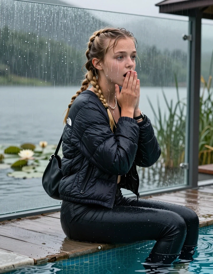 photo of young woman, in soaking wet, drenched clothes,
, Dark skinny jeans, north face puffer down jacket, Open jacket, tight v-neck sweater, shoulderbag, pearl necklace, bracelet, wristwatch, Orgasm in jetty by the lake with water lilies and reeds, 
enjoying, wet clothes stuck to body,
detailed textures of the wet clothes, wet face, wet plastered hair,
wet, drenched, professional, high-quality details, full body view.
sharp focus, ultra-high pixel detail, realistic, high-quality, full colors, incredibly detailed, 4k, 8k, 16k, hyper-realistic, RAW photo, masterpiece, ultra-detailed, professionally color graded, professional photograph, A realistic vertical fashion photograph taken from a backward, behind-the-back angle of a 15-year-old teenage girl sitting  in a glass-walled outdoor swimming pool, facing to the camera to show her back. She is tilting her head at camera, letting the water drench her hair so it is glued flat against her head and body. She has two blonde long braids , completely saturated and dripping wet hair, with water cascading down her face and neck. Afraid and astonished expression. cover her mouth with her hands. open mouth, big eyes. The lighting is bright and cinematic, highlighting the glistening water droplets on her skin and the saturated texture of her  casual clothes. Outside the large glass wall of the pool building, heavy rain is visible falling against the window. Soft, moody indoor lighting with reflections on the water. High-quality fashion photography style.
her clothing is soaking wet and clinging tightly to her skin, showing heavy wet folds, darkened fabric texture, and deep water-saturated Patches, her clothes are heavy from the water, water runs from her body and her clothes in streams. A lot of water also runs out of her clothes. Her clothes are darkened by the water. 
hyper-realistic wetness, high-contrast water sheen, sharp focus, 16k resolution, professional photography, realistic water physics., wet skin, wet clothes, damp fabric, wet skin, wet clothes, damp fabric, wet skin, wet clothes, damp fabric, wet skin, wet clothes, damp fabric, wet skin, wet clothes, damp fabric, wet skin, wet clothes, damp fabric, wet skin, wet clothes, damp fabric, wet skin, wet clothes, damp fabric, wet skin, wet clothes, damp fabric, wet skin, wet clothes, damp fabric, wet skin, wet clothes, damp fabric, wet skin, wet clothes, damp fabric, wet skin, wet clothes, damp fabric, wet skin, wet clothes, damp fabric, wet skin, wet clothes, damp fabric, wet skin, wet clothes, damp fabric, wet skin, wet clothes, damp fabric, wet skin, wet clothes, damp fabric, wet skin, wet clothes, damp fabric, wet skin, wet clothes, damp fabric