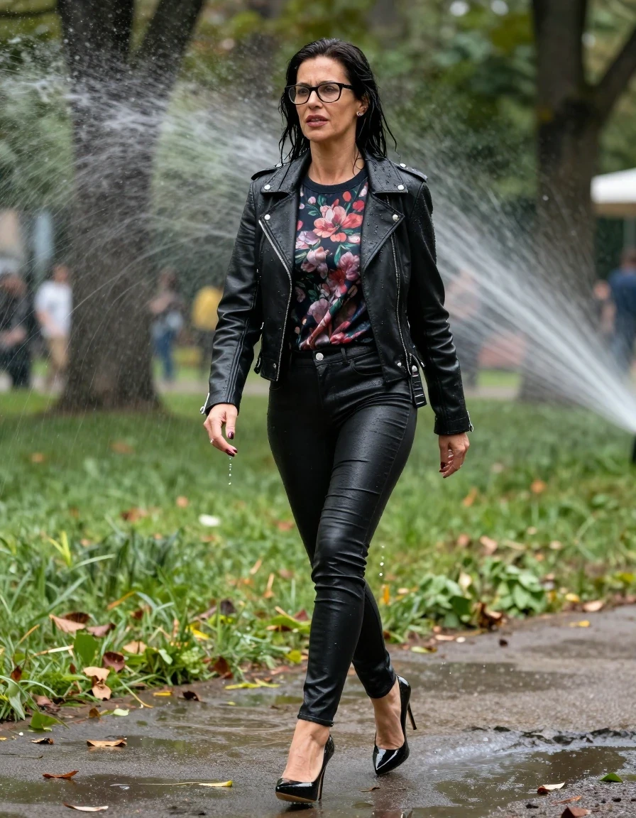 photo of young woman, in soaking wet, drenched clothes,
high-heeled shoes, long black tight leather jeans, shiny floral sweater, maxi black leather byker jacket, walking in sunny park under sprinklers, 
enjoying, wet clothes stuck to body,
detailed textures of the wet clothes, wet face, wet plastered hair,
wet, drenched, professional, high-quality details, full body view.
sharp focus, ultra-high pixel detail, realistic, high-quality, full colors, incredibly detailed, 4k, 8k, 16k, hyper-realistic, RAW photo, masterpiece, ultra-detailed, professionally color graded, professional photograph, europen brunette skinny woman 50 years old, long dark black hair, office glasses, very big and thick lips, complete body, wet skin, wet clothes, damp fabric, wet skin, wet clothes, damp fabric, wet skin, wet clothes, damp fabric, wet skin, wet clothes, damp fabric, wet skin, wet clothes, damp fabric, wet skin, wet clothes, damp fabric, wet skin, wet clothes, damp fabric