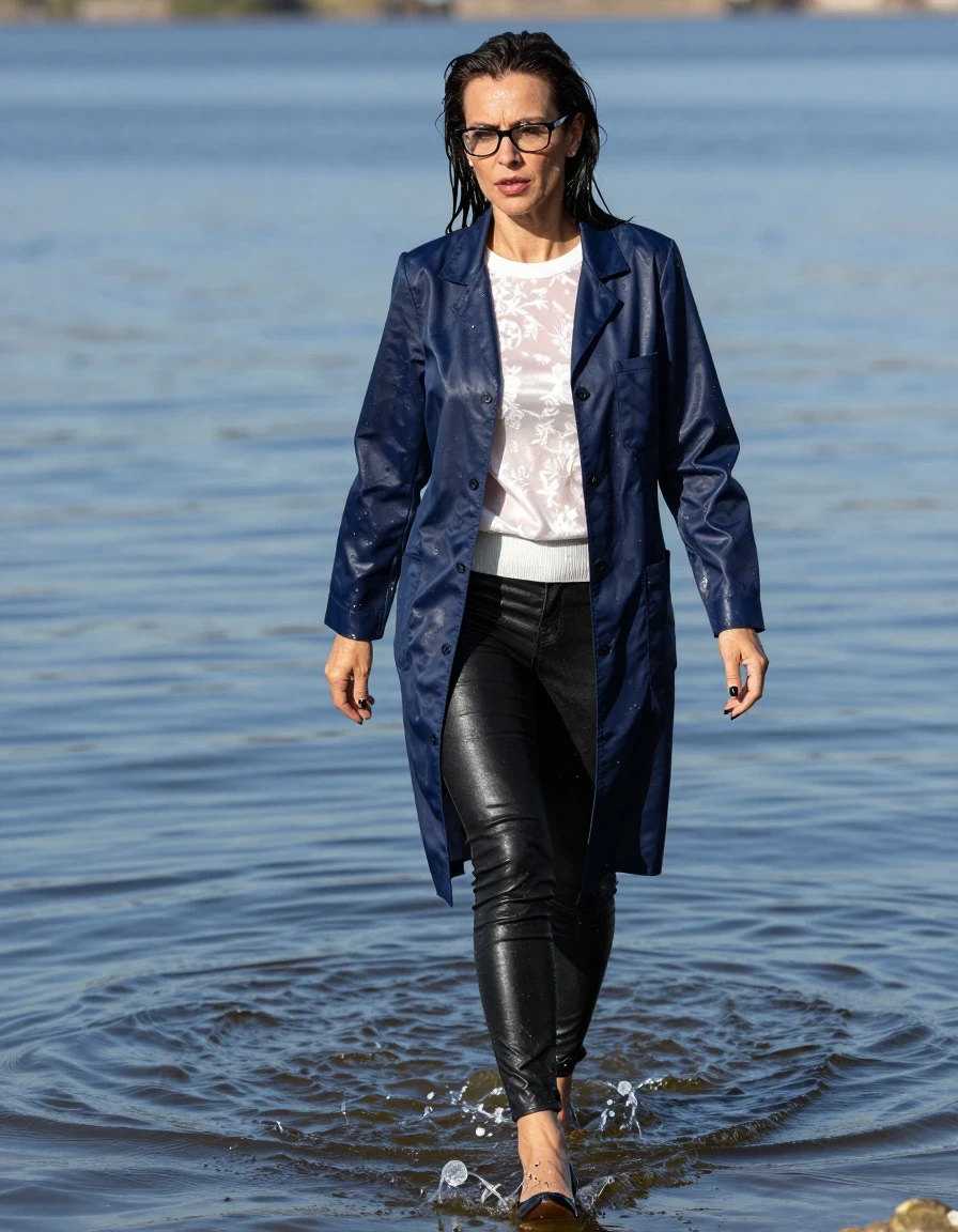 photo of young woman, in soaking wet, drenched clothes,
high-heeled shoes, long black tight leather jeans, shiny white floral sweater, maxi shiny dark blue labcoat, walking submerged in very deep sunny lake, up to the hips, 
enjoying, wet clothes stuck to body,
detailed textures of the wet clothes, wet face, wet plastered hair,
wet, drenched, professional, high-quality details, full body view.
sharp focus, ultra-high pixel detail, realistic, high-quality, full colors, incredibly detailed, 4k, 8k, 16k, hyper-realistic, RAW photo, masterpiece, ultra-detailed, professionally color graded, professional photograph, europen brunette skinny woman 50 years old, long dark black hair, office glasses, very big and thick lips, complete body, wet skin, wet clothes, damp fabric, wet skin, wet clothes, damp fabric, wet skin, wet clothes, damp fabric, wet skin, wet clothes, damp fabric, wet skin, wet clothes, damp fabric, wet skin, wet clothes, damp fabric, wet skin, wet clothes, damp fabric