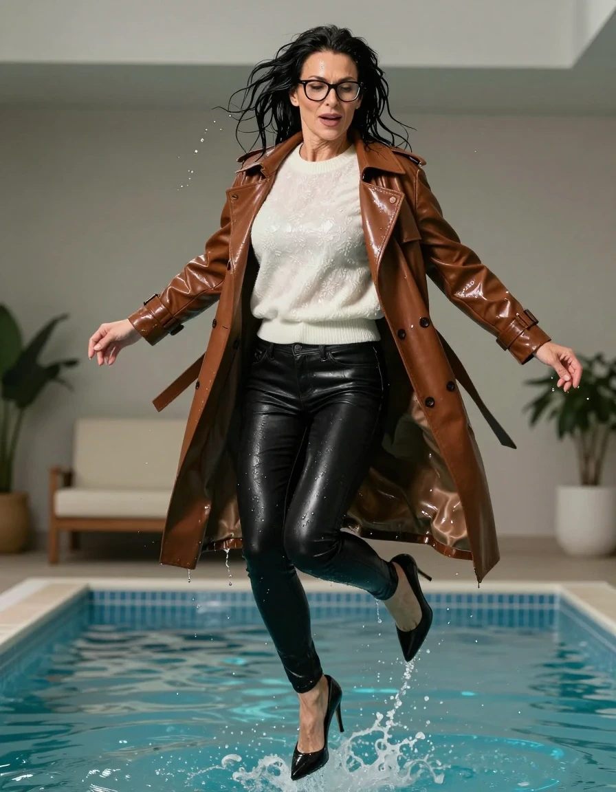 photo of young woman, in soaking wet, drenched clothes,
high-heeled shoes, long black tight leather jeans, shiny floral white sweater, maxi brown leather trenchcoat, jump after bath in indoor pool, 
enjoying, wet clothes stuck to body,
detailed textures of the wet clothes, wet face, wet plastered hair,
wet, drenched, professional, high-quality details, full body view.
sharp focus, ultra-high pixel detail, realistic, high-quality, full colors, incredibly detailed, 4k, 8k, 16k, hyper-realistic, RAW photo, masterpiece, ultra-detailed, professionally color graded, professional photograph, europen brunette skinny woman 50 years old, long dark black hair, office glasses, very big and thick lips, complete body, wet skin, wet clothes, damp fabric, wet skin, wet clothes, damp fabric, wet skin, wet clothes, damp fabric, wet skin, wet clothes, damp fabric, wet skin, wet clothes, damp fabric, wet skin, wet clothes, damp fabric, wet skin, wet clothes, damp fabric