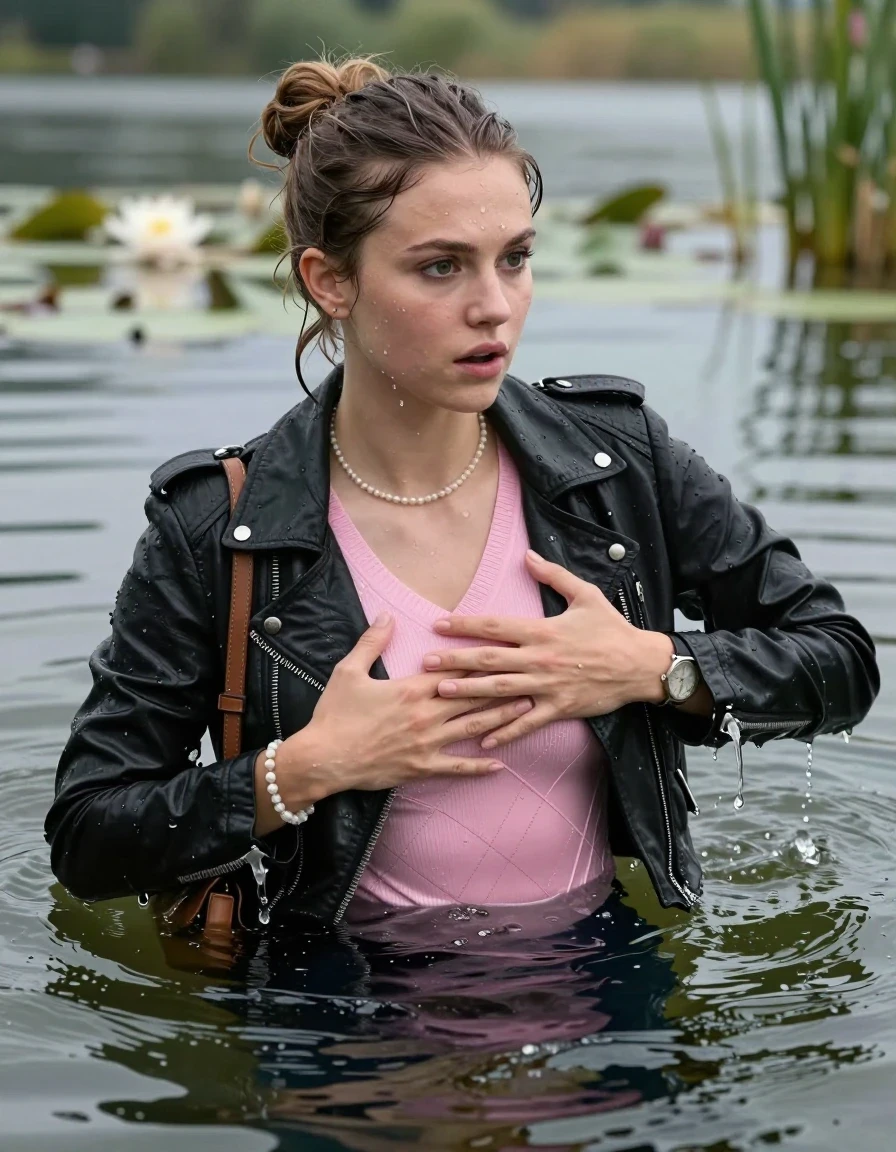 photo of young woman, in soaking wet, drenched clothes,
, , black biker leatherjacket, tight pink v-neck sweater with diamond pattern belly free, shoulderbag, pearl necklace, bracelet, wristwatch, Swimming and sinking deep into the water after diving in a lake with water lilies and reeds, 
enjoying, wet clothes stuck to body,
detailed textures of the wet clothes, wet face, wet plastered hair,
wet, drenched, professional, high-quality details, full body view.
sharp focus, ultra-high pixel detail, realistic, high-quality, full colors, incredibly detailed, 4k, 8k, 16k, hyper-realistic, RAW photo, masterpiece, ultra-detailed, professionally color graded, professional photograph, half-up with a topknot

19-years-old  teenage girl

Looking at side, Whole body and shoulders are submerged under the surface. closed mouth, big eyes.

she is completely underwater up to her neck.

hold a hand over her breast.

her submerged clothes are hardly visible under water, she soaked her handbag into the water
she is completely underwater up to her neck, frightened and astonished expression. 

her clothing is soaking wet and clinging tightly to her skin, showing heavy wet folds, darkened fabric texture, and deep water-saturated Patches, her clothes are heavy from the water, water runs from her body and her clothes in streams. A lot of water also runs out of her clothes. Her clothes are darkened by the water. Her submerged clothes are good visible under the water.  she soaked her handbag into the water.

close up view, wet skin, wet clothes, wet hair, damp fabric, water runs down the clothes, wet skin, wet clothes, damp fabric. cinematic medium shot, hyper-realistic wetness, high-contrast water sheen, sharp focus, 16k resolution, professional photography, realistic water physics., wet skin, wet clothes, damp fabric, wet skin, wet clothes, damp fabric, wet skin, wet clothes, damp fabric, wet skin, wet clothes, damp fabric, wet skin, wet clothes, damp fabric