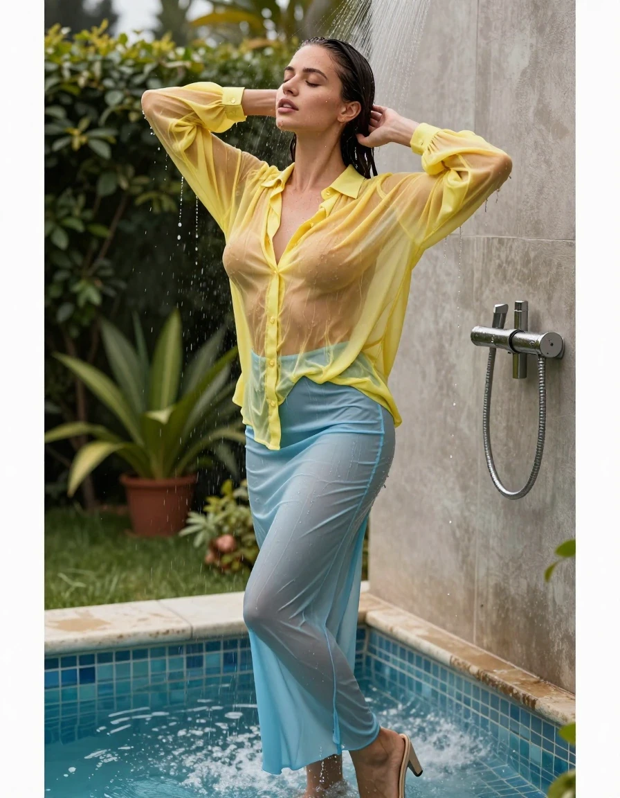 photo of young woman, in soaking wet, drenched clothes,
pumps, light blue slim floor-length silk skirt, see-through, dark yellow oversized long blouse, see-through, shower, garden, pool, 
enjoying, wet clothes stuck to body,
detailed textures of the wet clothes, wet face, wet plastered hair,
wet, drenched, professional, high-quality details, full body view.
sharp focus, ultra-high pixel detail, realistic, high-quality, full colors, incredibly detailed, 4k, 8k, 16k, hyper-realistic, RAW photo, masterpiece, ultra-detailed, professionally color graded, professional photograph, standing in the pool shower, collar, long sleeves, buttoned, wet hair, long hair, soaking wet blouse,  full body view, see-through, side view, drenched clothes, shower, wet skin, wet clothes, soaking wet fabric, pouring water on head,
kein BH, sichtbare Brüste, wet skin, wet clothes, damp fabric