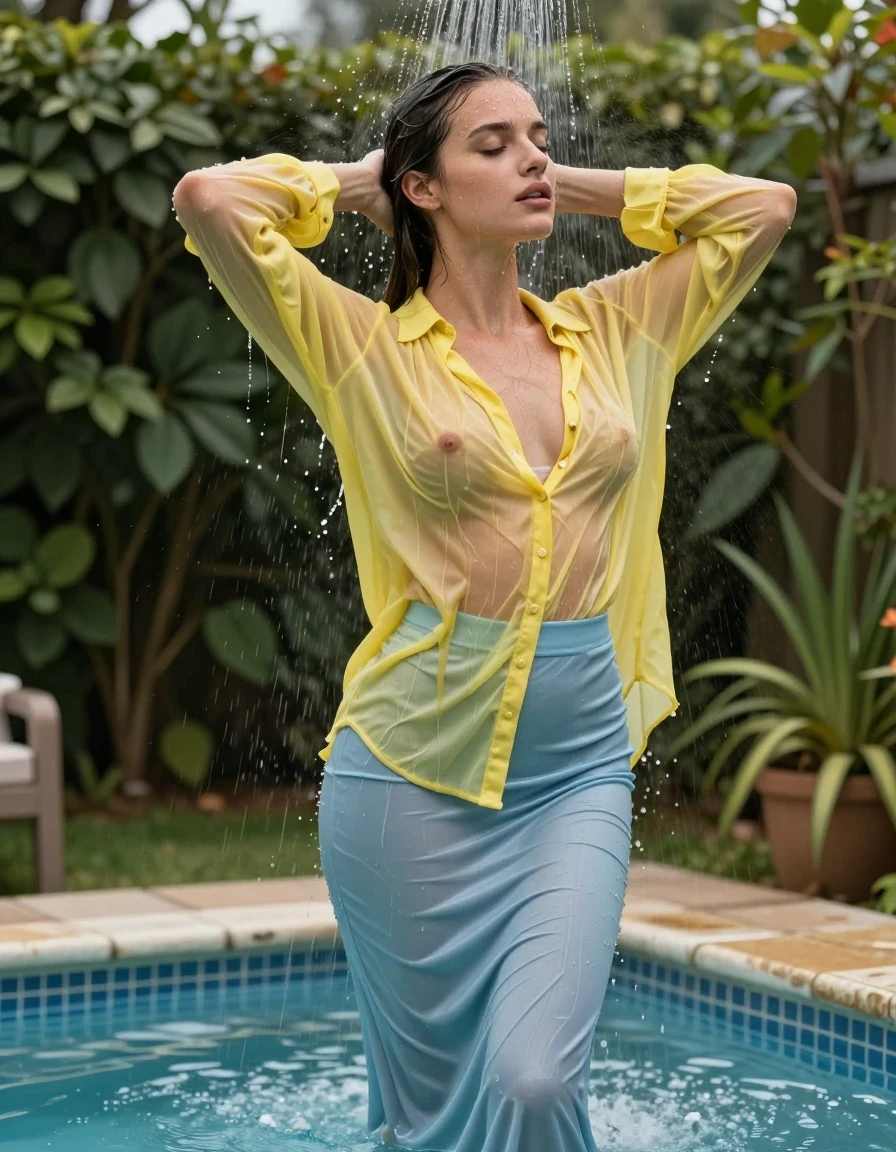 photo of young woman, in soaking wet, drenched clothes,
pumps, light blue slim floor-length silk skirt, see-through, dark yellow oversized long blouse, see-through, shower, garden, pool, 
enjoying, wet clothes stuck to body,
detailed textures of the wet clothes, wet face, wet plastered hair,
wet, drenched, professional, high-quality details, full body view.
sharp focus, ultra-high pixel detail, realistic, high-quality, full colors, incredibly detailed, 4k, 8k, 16k, hyper-realistic, RAW photo, masterpiece, ultra-detailed, professionally color graded, professional photograph, standing in the pool shower, collar, long sleeves, buttoned, wet hair, long hair, soaking wet blouse,  full body view, see-through, side view, drenched clothes, shower, wet skin, wet clothes, soaking wet fabric, pouring water on head,
kein BH, sichtbare Brüste, wet skin, wet clothes, damp fabric