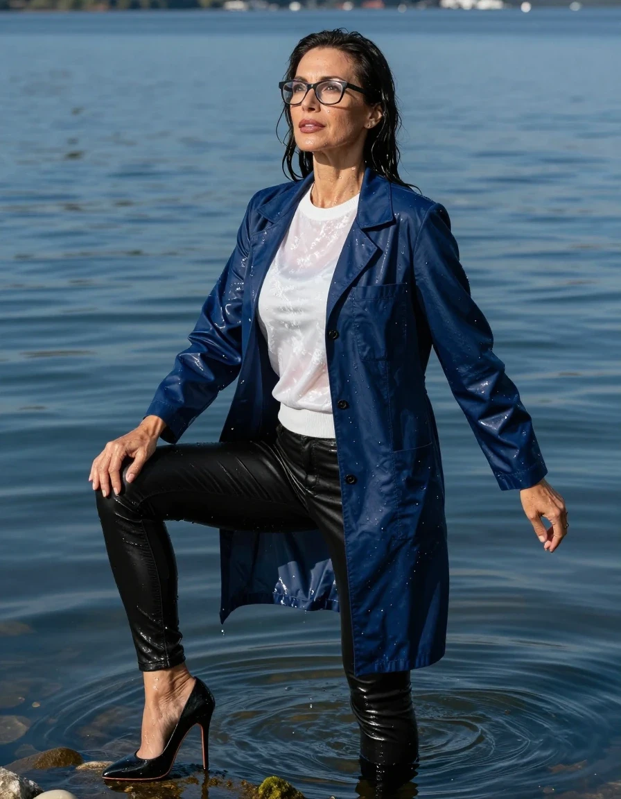 photo of young woman, in soaking wet, drenched clothes,
high-heeled shoes, long black tight leather jeans, shiny white floral sweater, maxi shiny dark blue labcoat, Swimming submerged inr very deep sunny lake, completely underwater up to her neck, 
enjoying, wet clothes stuck to body,
detailed textures of the wet clothes, wet face, wet plastered hair,
wet, drenched, professional, high-quality details, full body view.
sharp focus, ultra-high pixel detail, realistic, high-quality, full colors, incredibly detailed, 4k, 8k, 16k, hyper-realistic, RAW photo, masterpiece, ultra-detailed, professionally color graded, professional photograph, europen brunette skinny woman 50 years old, long dark black hair, office glasses, very big and thick lips, complete body, wet skin, wet clothes, damp fabric, wet skin, wet clothes, damp fabric, wet skin, wet clothes, damp fabric, wet skin, wet clothes, damp fabric, wet skin, wet clothes, damp fabric, wet skin, wet clothes, damp fabric, wet skin, wet clothes, damp fabric