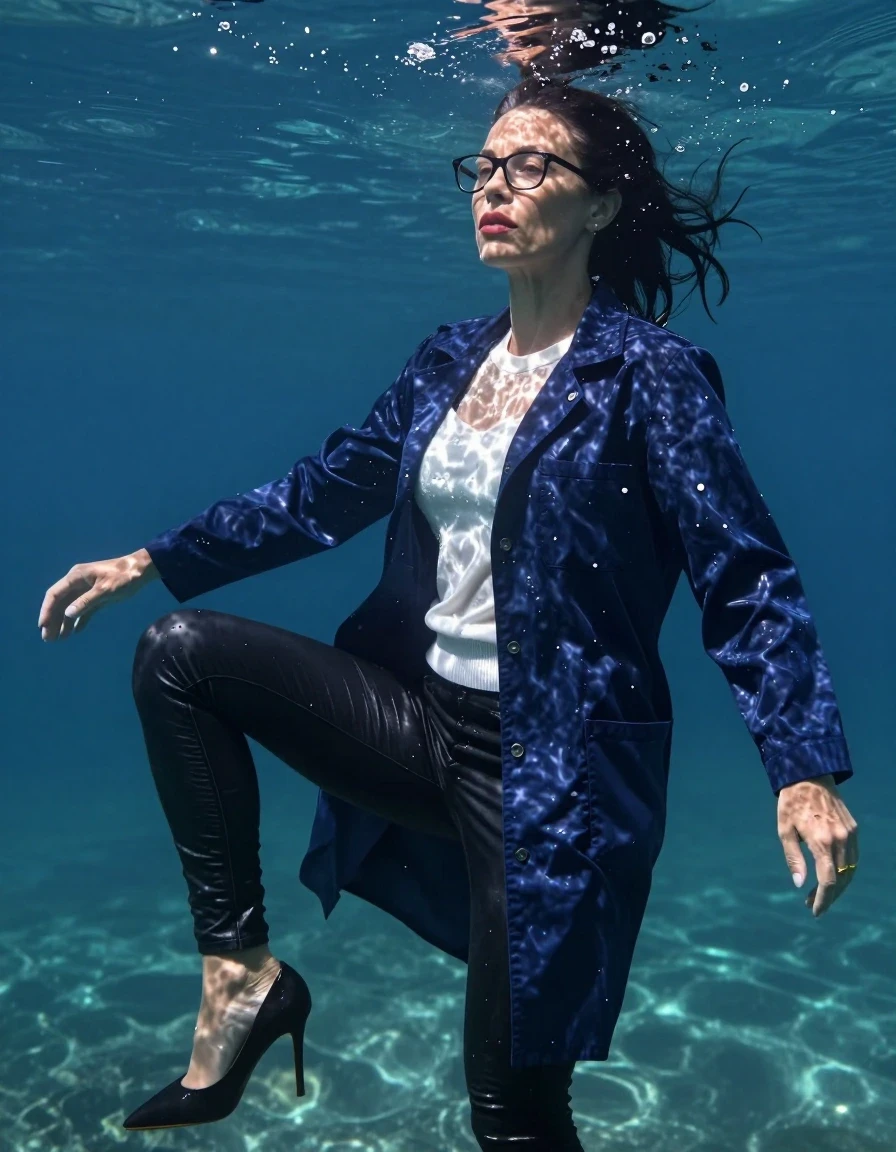 photo of young woman, in soaking wet, drenched clothes,
high-heeled shoes, long black tight leather jeans, shiny white floral sweater, maxi shiny dark blue labcoat, Swimming submerged under very deep sunny lake, completely underwater up to her neck, 
enjoying, wet clothes stuck to body,
detailed textures of the wet clothes, wet face, wet plastered hair,
wet, drenched, professional, high-quality details, full body view.
sharp focus, ultra-high pixel detail, realistic, high-quality, full colors, incredibly detailed, 4k, 8k, 16k, hyper-realistic, RAW photo, masterpiece, ultra-detailed, professionally color graded, professional photograph, europen brunette skinny woman 50 years old, long dark black hair, office glasses, very big and thick lips, complete body, wet skin, wet clothes, damp fabric, wet skin, wet clothes, damp fabric, wet skin, wet clothes, damp fabric, wet skin, wet clothes, damp fabric, wet skin, wet clothes, damp fabric, wet skin, wet clothes, damp fabric, wet skin, wet clothes, damp fabric