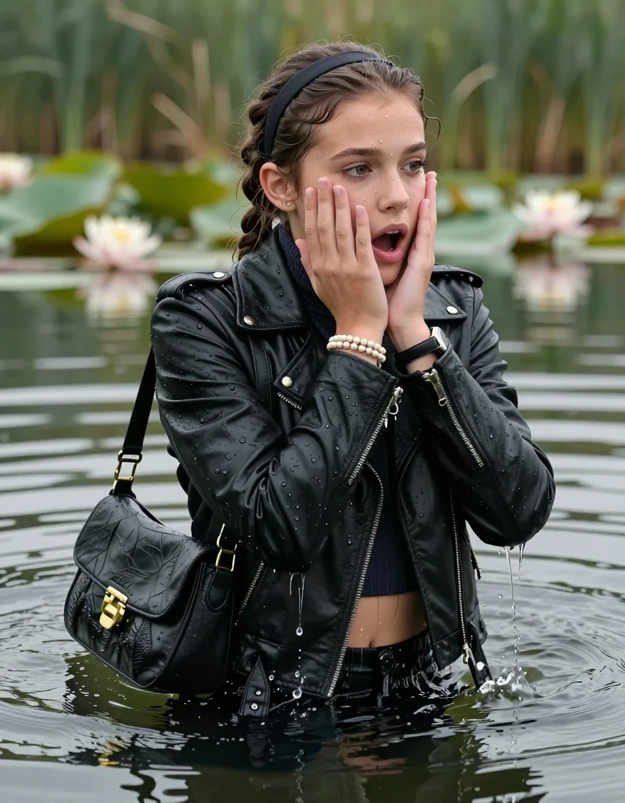 photo of young woman, in soaking wet, drenched clothes,
, , black biker leatherjacket,  closed jacket, tight knit turtleneck sweater belly free, shoulderbag, pearl necklace, bracelet, wristwatch, Swimming and sinking deep into the water after diving in a lake with water lilies and reeds, 
enjoying, wet clothes stuck to body,
detailed textures of the wet clothes, wet face, wet plastered hair,
wet, drenched, professional, high-quality details, full body view.
sharp focus, ultra-high pixel detail, realistic, high-quality, full colors, incredibly detailed, 4k, 8k, 16k, hyper-realistic, RAW photo, masterpiece, ultra-detailed, professionally color graded, professional photograph, braided hair, hairband

15 years old  teenage girl

Looking away, Whole body and shoulders are submerged under the surface. open mouth, big eyes. Make-up.

she is completely underwater up to her neck.

She covers her whole face with her hands.

her submerged clothes are hardly vusible under water, she soaked her handbag into the water
she is completely underwater up to her neck, astonished expression. 

her clothing is soaking wet and clinging tightly to her skin, showing heavy wet folds, darkened fabric texture, and deep water-saturated Patches, her clothes are heavy from the water, water runs from her body and her clothes in streams. A lot of water also runs out of her clothes. Her clothes are darkened by the water. Her submerged clothes are good visible under the water.  she soaked her handbag into the water.

close up view, wet skin, wet clothes, wet hair, damp fabric, water runs down the clothes, wet skin, wet clothes, damp fabric. cinematic medium shot, hyper-realistic wetness, high-contrast water sheen, sharp focus, 16k resolution, professional photography, realistic water physics., wet skin, wet clothes, damp fabric, wet skin, wet clothes, damp fabric, wet skin, wet clothes, damp fabric, wet skin, wet clothes, damp fabric, wet skin, wet clothes, damp fabric