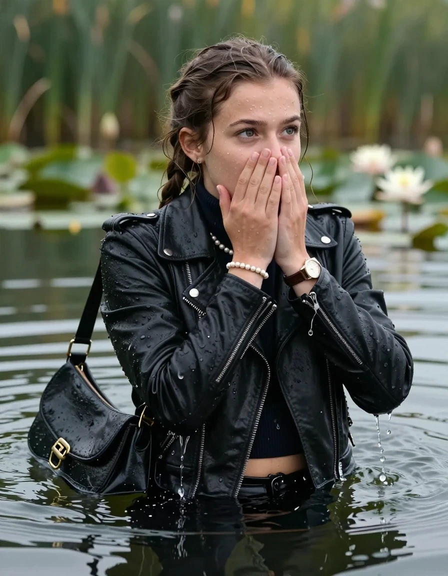 photo of young woman, in soaking wet, drenched clothes,
, , black biker leatherjacket,  closed jacket, tight knit turtleneck sweater belly free, shoulderbag, pearl necklace, bracelet, wristwatch, Swimming and sinking deep into the water after diving in a lake with water lilies and reeds, 
enjoying, wet clothes stuck to body,
detailed textures of the wet clothes, wet face, wet plastered hair,
wet, drenched, professional, high-quality details, full body view.
sharp focus, ultra-high pixel detail, realistic, high-quality, full colors, incredibly detailed, 4k, 8k, 16k, hyper-realistic, RAW photo, masterpiece, ultra-detailed, professionally color graded, professional photograph, braided hair

15 years old  teenage girl

Looking away, Whole body and shoulders are submerged under the surface. open mouth, big eyes.

she is completely underwater up to her neck.

She covers her whole face mouth and nose with her hands.

her submerged clothes are hardly vusible under water, she soaked her handbag into the water
she is completely underwater up to her neck, astonished expression. 

her clothing is soaking wet and clinging tightly to her skin, showing heavy wet folds, darkened fabric texture, and deep water-saturated Patches, her clothes are heavy from the water, water runs from her body and her clothes in streams. A lot of water also runs out of her clothes. Her clothes are darkened by the water. Her submerged clothes are good visible under the water.  she soaked her handbag into the water.

close up view, wet skin, wet clothes, wet hair, damp fabric, water runs down the clothes, wet skin, wet clothes, damp fabric. cinematic medium shot, hyper-realistic wetness, high-contrast water sheen, sharp focus, 16k resolution, professional photography, realistic water physics., wet skin, wet clothes, damp fabric, wet skin, wet clothes, damp fabric, wet skin, wet clothes, damp fabric, wet skin, wet clothes, damp fabric, wet skin, wet clothes, damp fabric