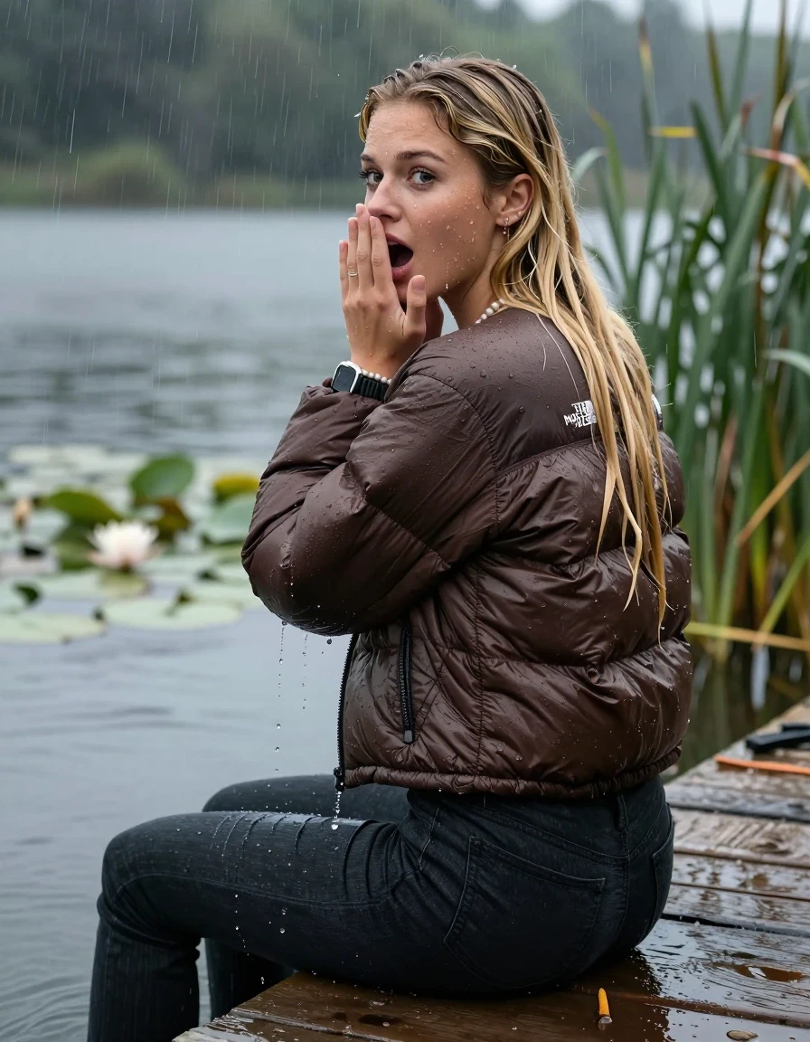 photo of young woman, in soaking wet, drenched clothes,
, tight Dark skinny jeans, brown north face puffer down jacket, Open jacket, tight v-neck sweater, shoulderbag, pearl necklace, bracelet, wristwatch,  jetty by the lake with water lilies and reeds, 
enjoying, wet clothes stuck to body,
detailed textures of the wet clothes, wet face, wet plastered hair,
wet, drenched, professional, high-quality details, full body view.
sharp focus, ultra-high pixel detail, realistic, high-quality, full colors, incredibly detailed, 4k, 8k, 16k, hyper-realistic, RAW photo, masterpiece, ultra-detailed, professionally color graded, professional photograph, A realistic vertical fashion photograph taken from a backward, behind-the-back angle of a 18-year-old teenage girl sitting on a jetty by the lake after diving in the water, facing to the camera to show her back. She is tilting her head at camera, letting the water drench her hair so it is glued flat against her head and body. She has two blonde sleek very long straight hair  , completely saturated and dripping wet hair, with water cascading down her face and neck. Afraid and astonished expression. cover her mouth with her hands. open mouth, big eyes. The lighting is bright and cinematic, highlighting the glistening water droplets on her skin and the saturated texture of her  casual clothes. Heavy rain is visible falling against her. Soft, moody indoor lighting with reflections on the water. High-quality fashion photography style.
her clothing is soaking wet and clinging tightly to her skin, showing heavy wet folds, darkened fabric texture, and deep water-saturated Patches, her clothes are heavy from the water, water runs from her body and her clothes in streams. A lot of water also runs out of her clothes. Her clothes are darkened by the water. 
hyper-realistic wetness, high-contrast water sheen, sharp focus, 16k resolution, professional photography, realistic water physics., wet skin, wet clothes, damp fabric, wet skin, wet clothes, damp fabric, wet skin, wet clothes, damp fabric, wet skin, wet clothes, damp fabric, wet skin, wet clothes, damp fabric, wet skin, wet clothes, damp fabric, wet skin, wet clothes, damp fabric, wet skin, wet clothes, damp fabric, wet skin, wet clothes, damp fabric, wet skin, wet clothes, damp fabric, wet skin, wet clothes, damp fabric, wet skin, wet clothes, damp fabric, wet skin, wet clothes, damp fabric, wet skin, wet clothes, damp fabric, wet skin, wet clothes, damp fabric, wet skin, wet clothes, damp fabric, wet skin, wet clothes, damp fabric, wet skin, wet clothes, damp fabric, wet skin, wet clothes, damp fabric