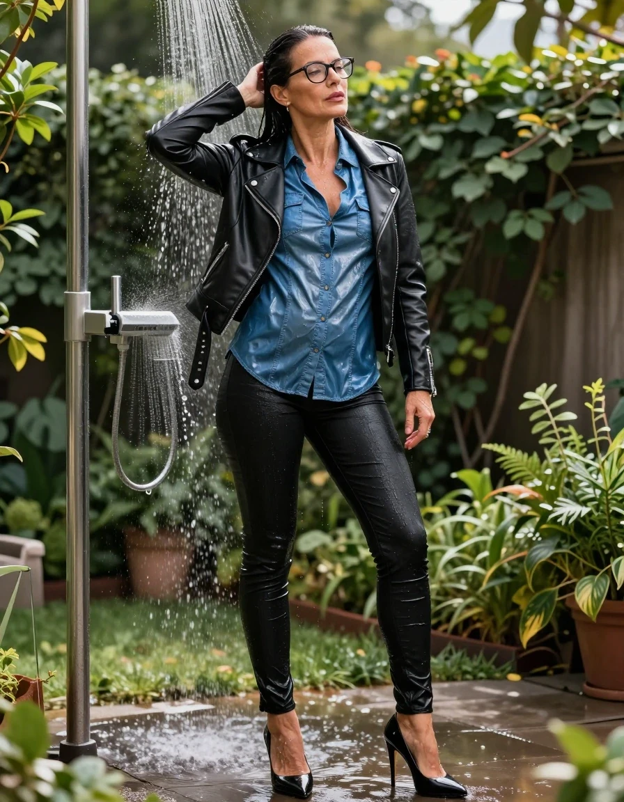 photo of young woman, in soaking wet, drenched clothes,
high-heeled shoes, long black tight black shiny jeans, long shiny blue denim shirt, black leather byker jacket, under the shower in sunny garden, 
enjoying, wet clothes stuck to body,
detailed textures of the wet clothes, wet face, wet plastered hair,
wet, drenched, professional, high-quality details, full body view.
sharp focus, ultra-high pixel detail, realistic, high-quality, full colors, incredibly detailed, 4k, 8k, 16k, hyper-realistic, RAW photo, masterpiece, ultra-detailed, professionally color graded, professional photograph, europen brunette skinny woman 50 years old, long dark black hair, office glasses, very big and thick lips, complete body, wet skin, wet clothes, damp fabric, wet skin, wet clothes, damp fabric, wet skin, wet clothes, damp fabric, wet skin, wet clothes, damp fabric, wet skin, wet clothes, damp fabric, wet skin, wet clothes, damp fabric, wet skin, wet clothes, damp fabric