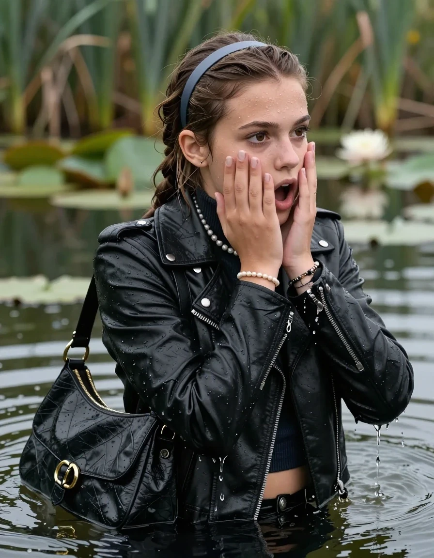 photo of young woman, in soaking wet, drenched clothes,
, , black biker leatherjacket,  closed jacket, tight knit turtleneck sweater belly free, shoulderbag, pearl necklace, bracelet, wristwatch, Swimming and sinking deep into the water after diving in a lake with water lilies and reeds, 
enjoying, wet clothes stuck to body,
detailed textures of the wet clothes, wet face, wet plastered hair,
wet, drenched, professional, high-quality details, full body view.
sharp focus, ultra-high pixel detail, realistic, high-quality, full colors, incredibly detailed, 4k, 8k, 16k, hyper-realistic, RAW photo, masterpiece, ultra-detailed, professionally color graded, professional photograph, braided hair, hairband

15 years old  teenage girl

Looking away, Whole body and shoulders are submerged under the surface. open mouth, big eyes. Make-up.

she is completely underwater up to her neck.

She covers her whole face with her hands.

her submerged clothes are hardly vusible under water, she soaked her handbag into the water
she is completely underwater up to her neck, astonished expression. 

her clothing is soaking wet and clinging tightly to her skin, showing heavy wet folds, darkened fabric texture, and deep water-saturated Patches, her clothes are heavy from the water, water runs from her body and her clothes in streams. A lot of water also runs out of her clothes. Her clothes are darkened by the water. Her submerged clothes are good visible under the water.  she soaked her handbag into the water.

close up view, wet skin, wet clothes, wet hair, damp fabric, water runs down the clothes, wet skin, wet clothes, damp fabric. cinematic medium shot, hyper-realistic wetness, high-contrast water sheen, sharp focus, 16k resolution, professional photography, realistic water physics., wet skin, wet clothes, damp fabric, wet skin, wet clothes, damp fabric, wet skin, wet clothes, damp fabric, wet skin, wet clothes, damp fabric, wet skin, wet clothes, damp fabric