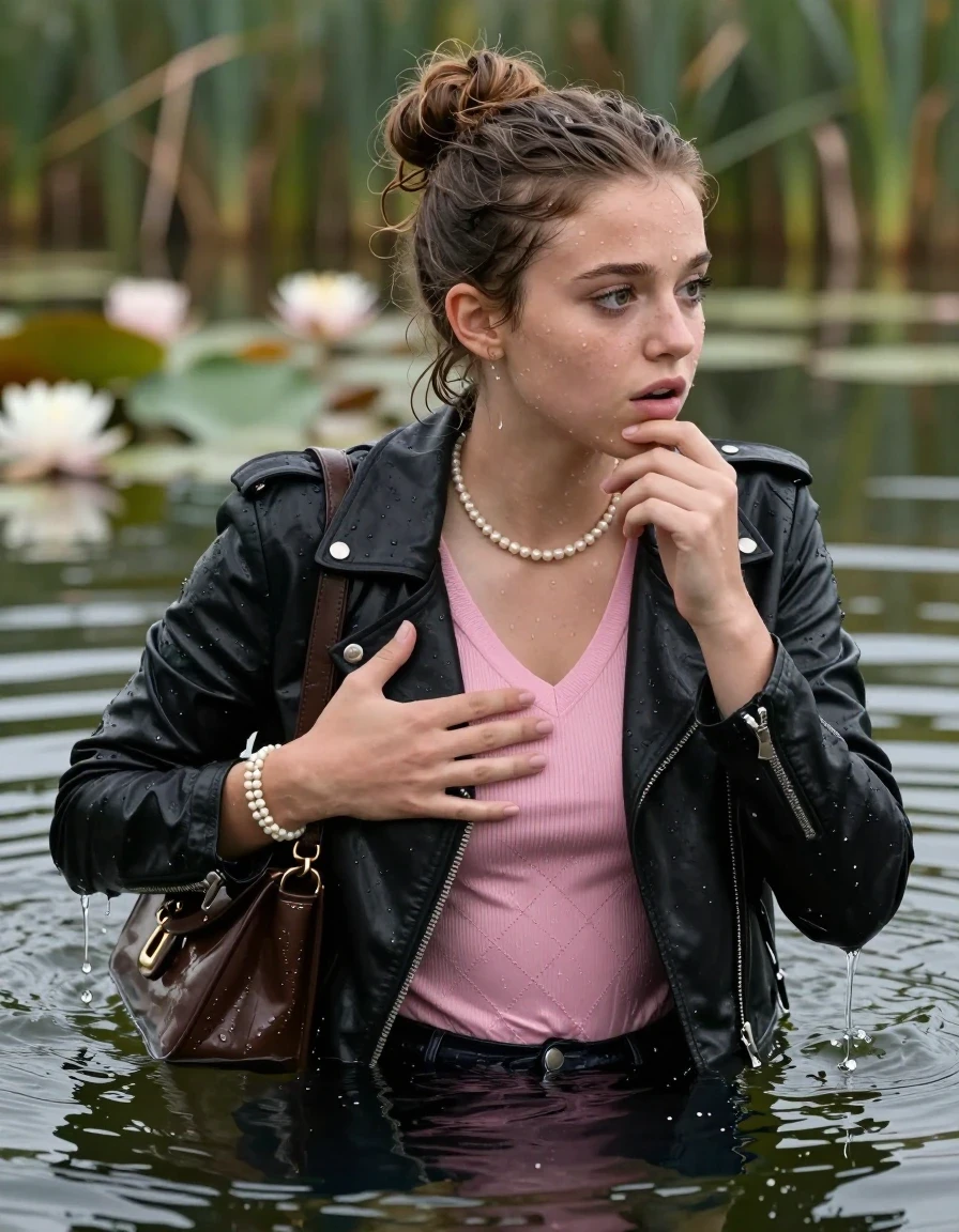 photo of young woman, in soaking wet, drenched clothes,
, , black biker leatherjacket, tight pink v-neck sweater with diamond pattern belly free, shoulderbag, pearl necklace, bracelet, wristwatch, Swimming and sinking deep into the water after diving in a lake with water lilies and reeds, 
enjoying, wet clothes stuck to body,
detailed textures of the wet clothes, wet face, wet plastered hair,
wet, drenched, professional, high-quality details, full body view.
sharp focus, ultra-high pixel detail, realistic, high-quality, full colors, incredibly detailed, 4k, 8k, 16k, hyper-realistic, RAW photo, masterpiece, ultra-detailed, professionally color graded, professional photograph, half-up with a topknot

19-years-old  teenage girl

Looking at side, Whole body and shoulders are submerged under the surface. closed mouth, big eyes.

she is completely underwater up to her neck.

hold a hand on her breast ans one hand on her chin.

her submerged clothes are hardly visible under water, she soaked her handbag into the water
she is completely underwater up to her neck, frightened and astonished expression. 

her clothing is soaking wet and clinging tightly to her skin, showing heavy wet folds, darkened fabric texture, and deep water-saturated Patches, her clothes are heavy from the water, water runs from her body and her clothes in streams. A lot of water also runs out of her clothes. Her clothes are darkened by the water. Her submerged clothes are good visible under the water.  she soaked her handbag into the water.

close up view, wet skin, wet clothes, wet hair, damp fabric, water runs down the clothes, wet skin, wet clothes, damp fabric. cinematic medium shot, hyper-realistic wetness, high-contrast water sheen, sharp focus, 16k resolution, professional photography, realistic water physics., wet skin, wet clothes, damp fabric, wet skin, wet clothes, damp fabric, wet skin, wet clothes, damp fabric, wet skin, wet clothes, damp fabric, wet skin, wet clothes, damp fabric