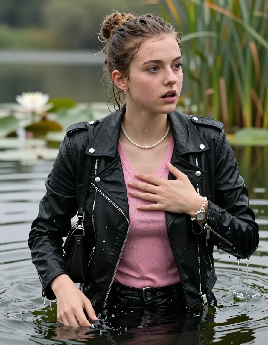 photo of young woman, in soaking wet, drenched clothes,
, , black biker leatherjacket, tight pink v-neck sweater with diamond pattern belly free, shoulderbag, pearl necklace, bracelet, wristwatch, Swimming and sinking deep into the water after diving in a lake with water lilies and reeds, 
enjoying, wet clothes stuck to body,
detailed textures of the wet clothes, wet face, wet plastered hair,
wet, drenched, professional, high-quality details, full body view.
sharp focus, ultra-high pixel detail, realistic, high-quality, full colors, incredibly detailed, 4k, 8k, 16k, hyper-realistic, RAW photo, masterpiece, ultra-detailed, professionally color graded, professional photograph, half-up with a topknot

19-years-old  teenage girl

Looking at side, Whole body and shoulders are submerged under the surface. closed mouth, big eyes.

she is completely underwater up to her neck.

hold a hand over her breast.

her submerged clothes are hardly visible under water, she soaked her handbag into the water
she is completely underwater up to her neck, frightened and astonished expression. 

her clothing is soaking wet and clinging tightly to her skin, showing heavy wet folds, darkened fabric texture, and deep water-saturated Patches, her clothes are heavy from the water, water runs from her body and her clothes in streams. A lot of water also runs out of her clothes. Her clothes are darkened by the water. Her submerged clothes are good visible under the water.  she soaked her handbag into the water.

close up view, wet skin, wet clothes, wet hair, damp fabric, water runs down the clothes, wet skin, wet clothes, damp fabric. cinematic medium shot, hyper-realistic wetness, high-contrast water sheen, sharp focus, 16k resolution, professional photography, realistic water physics., wet skin, wet clothes, damp fabric, wet skin, wet clothes, damp fabric, wet skin, wet clothes, damp fabric, wet skin, wet clothes, damp fabric, wet skin, wet clothes, damp fabric