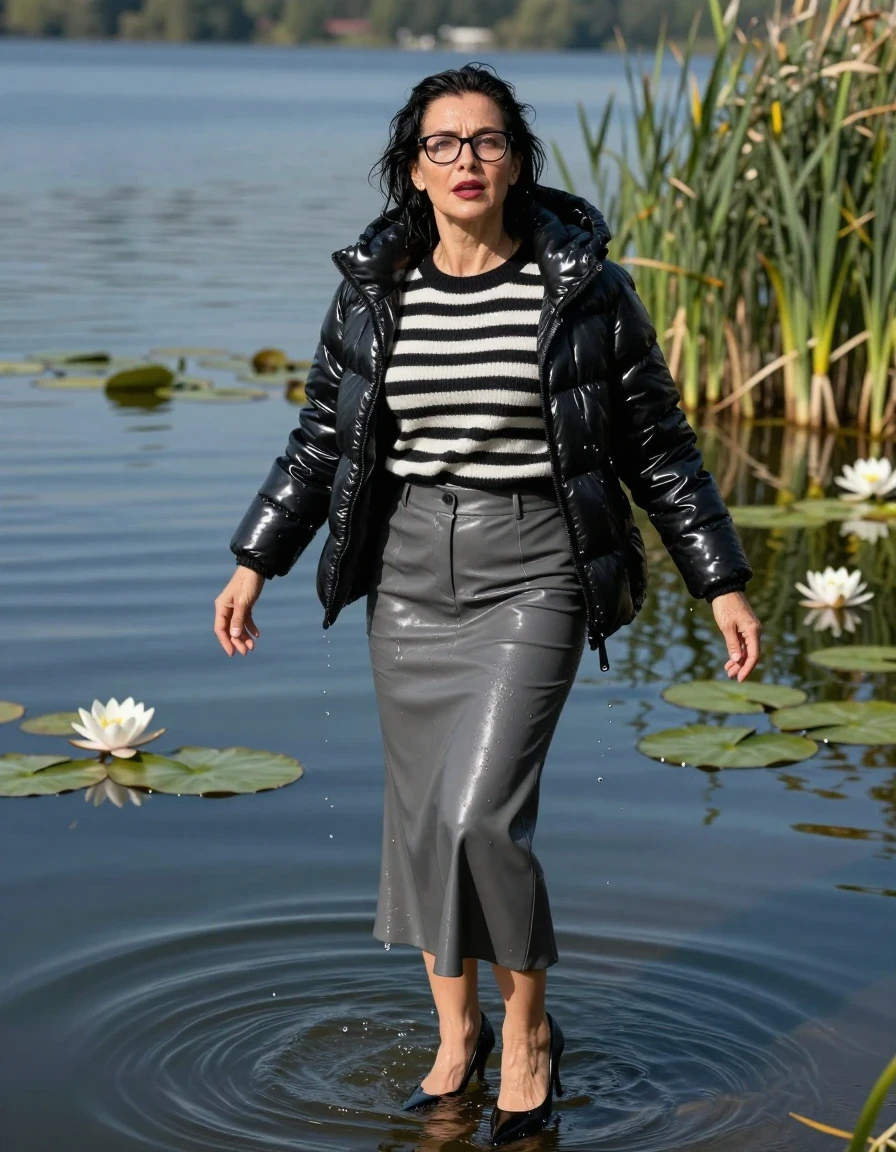 photo of young woman, in soaking wet, drenched clothes,
high-heeled shoes, gray leather flared maxi skirt, shiny black & white striped sweater, maxi shiny black down jacket, Swimming complete submerged under very deep sunny lake with water lilies and reeds, completely underwater up to her neck, 
enjoying, wet clothes stuck to body,
detailed textures of the wet clothes, wet face, wet plastered hair,
wet, drenched, professional, high-quality details, full body view.
sharp focus, ultra-high pixel detail, realistic, high-quality, full colors, incredibly detailed, 4k, 8k, 16k, hyper-realistic, RAW photo, masterpiece, ultra-detailed, professionally color graded, professional photograph, europen brunette skinny woman 50 years old, long dark black hair, office glasses, very big and thick lips, complete body, wet skin, wet clothes, damp fabric, wet skin, wet clothes, damp fabric, wet skin, wet clothes, damp fabric, wet skin, wet clothes, damp fabric, wet skin, wet clothes, damp fabric, wet skin, wet clothes, damp fabric, wet skin, wet clothes, damp fabric