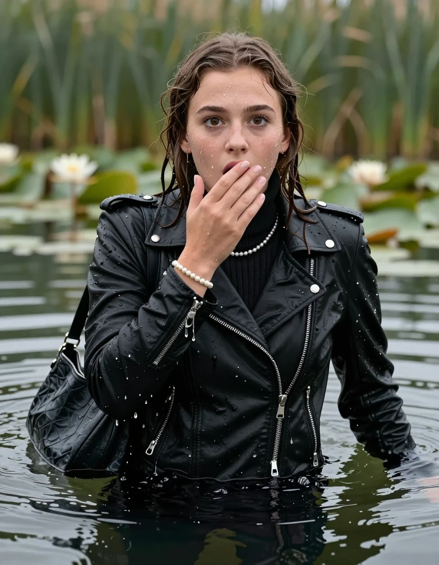 photo of young woman, in soaking wet, drenched clothes,
, , black biker leatherjacket,  closed jacket, tight knit turtleneck sweater belly free, shoulderbag, pearl necklace, bracelet, wristwatch, Swimming and sinking deep into the water after diving in a lake with water lilies and reeds, 
enjoying, wet clothes stuck to body,
detailed textures of the wet clothes, wet face, wet plastered hair,
wet, drenched, professional, high-quality details, full body view.
sharp focus, ultra-high pixel detail, realistic, high-quality, full colors, incredibly detailed, 4k, 8k, 16k, hyper-realistic, RAW photo, masterpiece, ultra-detailed, professionally color graded, professional photograph, undone hair

15 years old  teenage girl

Looking away, Whole body and shoulders are submerged under the surface. open mouth, big eyes.

she is completely underwater up to her neck.

hold a hand over her mouth.

her submerged clothes are hardly visible under water, she soaked her handbag into the water
she is completely underwater up to her neck, shocked and astonished expression. 

her clothing is soaking wet and clinging tightly to her skin, showing heavy wet folds, darkened fabric texture, and deep water-saturated Patches, her clothes are heavy from the water, water runs from her body and her clothes in streams. A lot of water also runs out of her clothes. Her clothes are darkened by the water. Her submerged clothes are good visible under the water.  she soaked her handbag into the water.

close up view, wet skin, wet clothes, wet hair, damp fabric, water runs down the clothes, wet skin, wet clothes, damp fabric. cinematic medium shot, hyper-realistic wetness, high-contrast water sheen, sharp focus, 16k resolution, professional photography, realistic water physics., wet skin, wet clothes, damp fabric, wet skin, wet clothes, damp fabric, wet skin, wet clothes, damp fabric, wet skin, wet clothes, damp fabric, wet skin, wet clothes, damp fabric