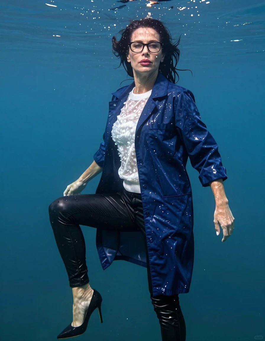 photo of young woman, in soaking wet, drenched clothes,
high-heeled shoes, long black tight leather jeans, shiny white floral sweater, maxi shiny dark blue labcoat, Swimming complete submerged under very deep sunny lake, completely underwater up to her neck, 
enjoying, wet clothes stuck to body,
detailed textures of the wet clothes, wet face, wet plastered hair,
wet, drenched, professional, high-quality details, full body view.
sharp focus, ultra-high pixel detail, realistic, high-quality, full colors, incredibly detailed, 4k, 8k, 16k, hyper-realistic, RAW photo, masterpiece, ultra-detailed, professionally color graded, professional photograph, europen brunette skinny woman 50 years old, long dark black hair, office glasses, very big and thick lips, complete body, wet skin, wet clothes, damp fabric, wet skin, wet clothes, damp fabric, wet skin, wet clothes, damp fabric, wet skin, wet clothes, damp fabric, wet skin, wet clothes, damp fabric, wet skin, wet clothes, damp fabric, wet skin, wet clothes, damp fabric