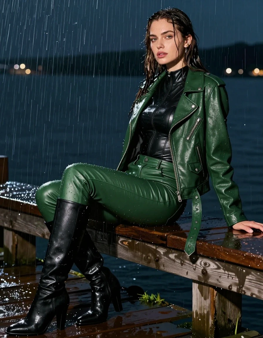 photo of young woman, in soaking wet, drenched clothes,
black leather knee-high boots, green leather pants, black leather polar neck catsuit , green bikers leather jacket, relaxing at a pier at, night, heavy rain, drenched, 
enjoying, wet clothes stuck to body,
detailed textures of the wet clothes, wet face, wet plastered hair,
wet, drenched, professional, high-quality details, full body view.
sharp focus, ultra-high pixel detail, realistic, high-quality, full colors, incredibly detailed, 4k, 8k, 16k, hyper-realistic, RAW photo, masterpiece, ultra-detailed, professionally color graded, professional photograph, white woman, long dripping wet brown hair,, wet skin, wet clothes, damp fabric, wet skin, wet clothes, damp fabric, wet skin, wet clothes, damp fabric