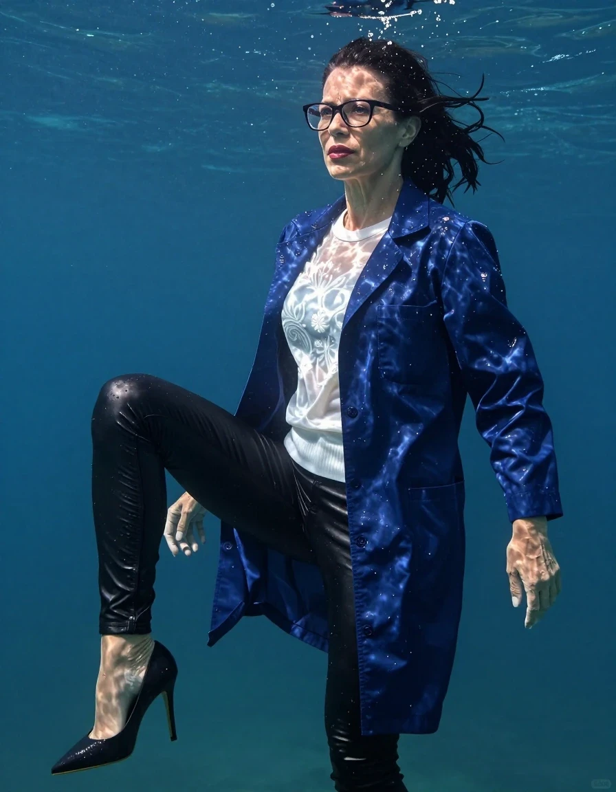 photo of young woman, in soaking wet, drenched clothes,
high-heeled shoes, long black tight leather jeans, shiny white floral sweater, maxi shiny dark blue labcoat, Swimming complete submerged under very deep sunny lake, completely underwater up to her neck, 
enjoying, wet clothes stuck to body,
detailed textures of the wet clothes, wet face, wet plastered hair,
wet, drenched, professional, high-quality details, full body view.
sharp focus, ultra-high pixel detail, realistic, high-quality, full colors, incredibly detailed, 4k, 8k, 16k, hyper-realistic, RAW photo, masterpiece, ultra-detailed, professionally color graded, professional photograph, europen brunette skinny woman 50 years old, long dark black hair, office glasses, very big and thick lips, complete body, wet skin, wet clothes, damp fabric, wet skin, wet clothes, damp fabric, wet skin, wet clothes, damp fabric, wet skin, wet clothes, damp fabric, wet skin, wet clothes, damp fabric, wet skin, wet clothes, damp fabric, wet skin, wet clothes, damp fabric