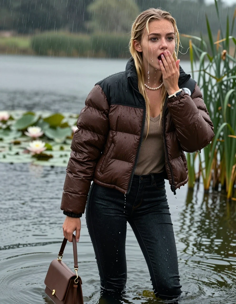 photo of young woman, in soaking wet, drenched clothes,
, tight Dark skinny jeans, brown north face puffer down jacket, Open jacket, tight v-neck sweater, shoulderbag, pearl necklace, bracelet, wristwatch,  lake with water lilies and reeds, 
enjoying, wet clothes stuck to body,
detailed textures of the wet clothes, wet face, wet plastered hair,
wet, drenched, professional, high-quality details, full body view.
sharp focus, ultra-high pixel detail, realistic, high-quality, full colors, incredibly detailed, 4k, 8k, 16k, hyper-realistic, RAW photo, masterpiece, ultra-detailed, professionally color graded, professional photograph, A realistic vertical fashion photograph taken from a backward, behind-the-back angle of a 18-year-old teenage girl take a dip in the lake after diving in the water, facing to the camera to show her back. She is tilting her head at camera, letting the water drench her hair so it is glued flat against her head and body. She has two blonde sleek very long straight hair, completely saturated and dripping wet hair, with water cascading down her face and neck. Afraid and astonished expression. cover her mouth with her hands. open mouth, big eyes. The lighting is bright and cinematic, highlighting the glistening water droplets on her clothes and the saturated texture of her  casual clothes. Heavy rain is visible falling against her. She soaked her handbag in the water. Soft, moody indoor lighting with reflections on the water. High-quality fashion photography style.
her clothing is soaking wet and clinging tightly to her skin, showing heavy wet folds, darkened fabric texture, and deep water-saturated Patches, her clothes are heavy from the water, water runs from her body and her clothes in streams. A lot of water also runs out of her clothes. Her clothes are darkened by the water. 
hyper-realistic wetness, high-contrast water sheen, sharp focus, 16k resolution, professional photography, realistic water physics., wet skin, wet clothes, damp fabric, wet skin, wet clothes, damp fabric, wet skin, wet clothes, damp fabric, wet skin, wet clothes, damp fabric, wet skin, wet clothes, damp fabric, wet skin, wet clothes, damp fabric, wet skin, wet clothes, damp fabric, wet skin, wet clothes, damp fabric, wet skin, wet clothes, damp fabric, wet skin, wet clothes, damp fabric, wet skin, wet clothes, damp fabric, wet skin, wet clothes, damp fabric, wet skin, wet clothes, damp fabric, wet skin, wet clothes, damp fabric, wet skin, wet clothes, damp fabric, wet skin, wet clothes, damp fabric, wet skin, wet clothes, damp fabric, wet skin, wet clothes, damp fabric, wet skin, wet clothes, damp fabric, wet skin, wet clothes, damp fabric