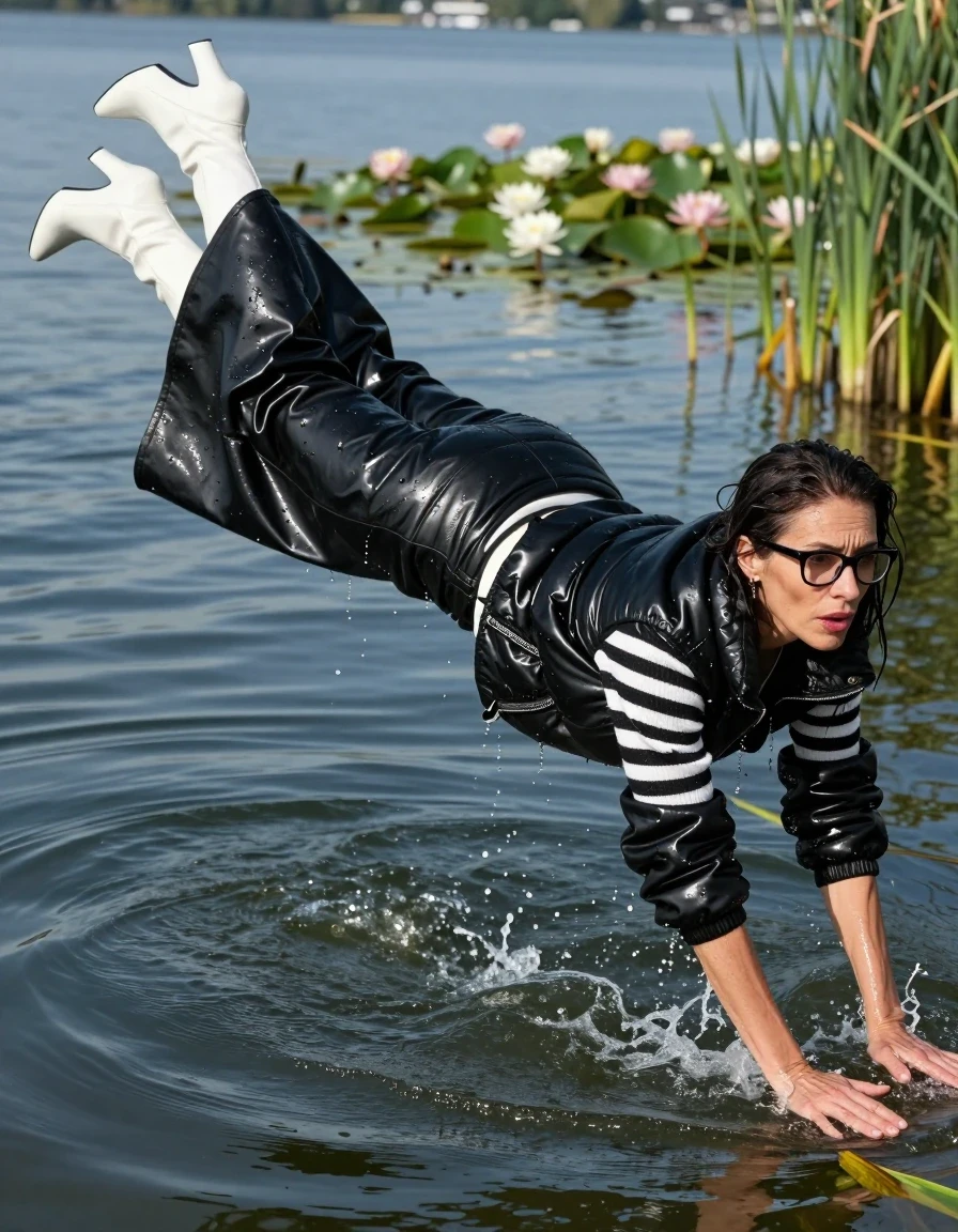 photo of young woman, in soaking wet, drenched clothes,
high-heeled white boots, black leather flared maxi skirt, shiny black & white striped sweater, maxi shiny black down jacket, Swimming and sinking deep into the water after diving in a lake with water lilies and reeds, 
enjoying, wet clothes stuck to body,
detailed textures of the wet clothes, wet face, wet plastered hair,
wet, drenched, professional, high-quality details, full body view.
sharp focus, ultra-high pixel detail, realistic, high-quality, full colors, incredibly detailed, 4k, 8k, 16k, hyper-realistic, RAW photo, masterpiece, ultra-detailed, professionally color graded, professional photograph, europen brunette skinny woman 50 years old, long dark black hair, office glasses, very big and thick lips, complete body, wet skin, wet clothes, damp fabric, wet skin, wet clothes, damp fabric, wet skin, wet clothes, damp fabric, wet skin, wet clothes, damp fabric, wet skin, wet clothes, damp fabric, wet skin, wet clothes, damp fabric, wet skin, wet clothes, damp fabric
