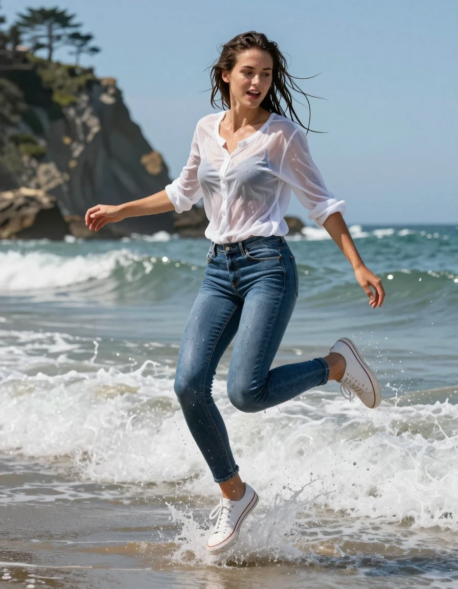 photo of young woman, in soaking wet, drenched clothes,
Sneakers, Medium Blue low waisted long skinny jeans, White transparent shirt, Beach with breaking waves at a natural pacific beach, 
enjoying, wet clothes stuck to body,
detailed textures of the wet clothes, wet face, wet plastered hair,
wet, drenched, professional, high-quality details, full body view.
sharp focus, ultra-high pixel detail, realistic, high-quality, full colors, incredibly detailed, 4k, 8k, 16k, hyper-realistic, RAW photo, masterpiece, ultra-detailed, professionally color graded, professional photograph, Jumping in waves, drenched shiny jeans, wet skin, wet clothes, damp fabric