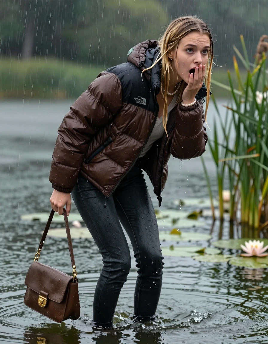 photo of young woman, in soaking wet, drenched clothes,
, tight Dark skinny jeans, brown north face puffer down jacket, Open jacket, tight v-neck sweater, shoulderbag, pearl necklace, bracelet, wristwatch,  lake with water lilies and reeds, 
enjoying, wet clothes stuck to body,
detailed textures of the wet clothes, wet face, wet plastered hair,
wet, drenched, professional, high-quality details, full body view.
sharp focus, ultra-high pixel detail, realistic, high-quality, full colors, incredibly detailed, 4k, 8k, 16k, hyper-realistic, RAW photo, masterpiece, ultra-detailed, professionally color graded, professional photograph, A realistic vertical fashion photograph taken from a backward, behind-the-back angle of a 18-year-old teenage girl take a dip in the lake after diving in the water, facing to the camera to show her back. She is tilting her head at camera, letting the water drench her hair so it is glued flat against her head and body. She has two blonde sleek very long straight hair, completely saturated and dripping wet hair, with water cascading down her face and neck. Afraid and astonished expression. cover her mouth with her hands. open mouth, big eyes. The lighting is bright and cinematic, highlighting the glistening water droplets on her clothes and the saturated texture of her  casual clothes. Heavy rain is visible falling against her. She soaked her handbag in the water. Soft, moody indoor lighting with reflections on the water. High-quality fashion photography style.
her clothing is soaking wet and clinging tightly to her skin, showing heavy wet folds, darkened fabric texture, and deep water-saturated Patches, her clothes are heavy from the water, water runs from her body and her clothes in streams. A lot of water also runs out of her clothes. Her clothes are darkened by the water. 
hyper-realistic wetness, high-contrast water sheen, sharp focus, 16k resolution, professional photography, realistic water physics., wet skin, wet clothes, damp fabric, wet skin, wet clothes, damp fabric, wet skin, wet clothes, damp fabric, wet skin, wet clothes, damp fabric, wet skin, wet clothes, damp fabric, wet skin, wet clothes, damp fabric, wet skin, wet clothes, damp fabric, wet skin, wet clothes, damp fabric, wet skin, wet clothes, damp fabric, wet skin, wet clothes, damp fabric, wet skin, wet clothes, damp fabric, wet skin, wet clothes, damp fabric, wet skin, wet clothes, damp fabric, wet skin, wet clothes, damp fabric, wet skin, wet clothes, damp fabric, wet skin, wet clothes, damp fabric, wet skin, wet clothes, damp fabric, wet skin, wet clothes, damp fabric, wet skin, wet clothes, damp fabric, wet skin, wet clothes, damp fabric