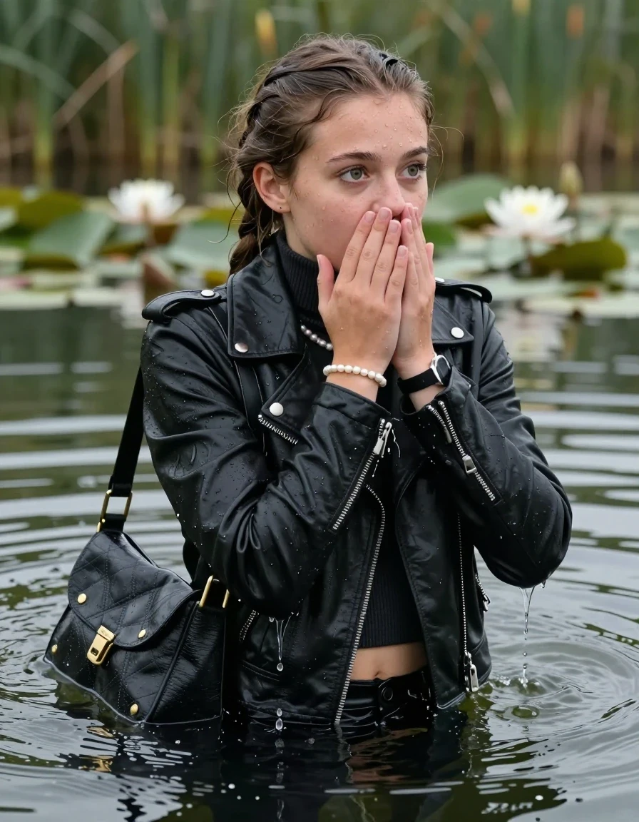 photo of young woman, in soaking wet, drenched clothes,
, , black biker leatherjacket,  closed jacket, tight knit turtleneck sweater belly free, shoulderbag, pearl necklace, bracelet, wristwatch, Swimming and sinking deep into the water after diving in a lake with water lilies and reeds, 
enjoying, wet clothes stuck to body,
detailed textures of the wet clothes, wet face, wet plastered hair,
wet, drenched, professional, high-quality details, full body view.
sharp focus, ultra-high pixel detail, realistic, high-quality, full colors, incredibly detailed, 4k, 8k, 16k, hyper-realistic, RAW photo, masterpiece, ultra-detailed, professionally color graded, professional photograph, braided hair

15 years old  teenage girl

Looking away, Whole body and shoulders are submerged under the surface. open mouth, big eyes. Make-up.

she is completely underwater up to her neck.

She covers her whole face mouth and nose with her hands.

her submerged clothes are hardly vusible under water, she soaked her handbag into the water
she is completely underwater up to her neck, astonished expression. 

her clothing is soaking wet and clinging tightly to her skin, showing heavy wet folds, darkened fabric texture, and deep water-saturated Patches, her clothes are heavy from the water, water runs from her body and her clothes in streams. A lot of water also runs out of her clothes. Her clothes are darkened by the water. Her submerged clothes are good visible under the water.  she soaked her handbag into the water.

close up view, wet skin, wet clothes, wet hair, damp fabric, water runs down the clothes, wet skin, wet clothes, damp fabric. cinematic medium shot, hyper-realistic wetness, high-contrast water sheen, sharp focus, 16k resolution, professional photography, realistic water physics., wet skin, wet clothes, damp fabric, wet skin, wet clothes, damp fabric, wet skin, wet clothes, damp fabric, wet skin, wet clothes, damp fabric, wet skin, wet clothes, damp fabric
