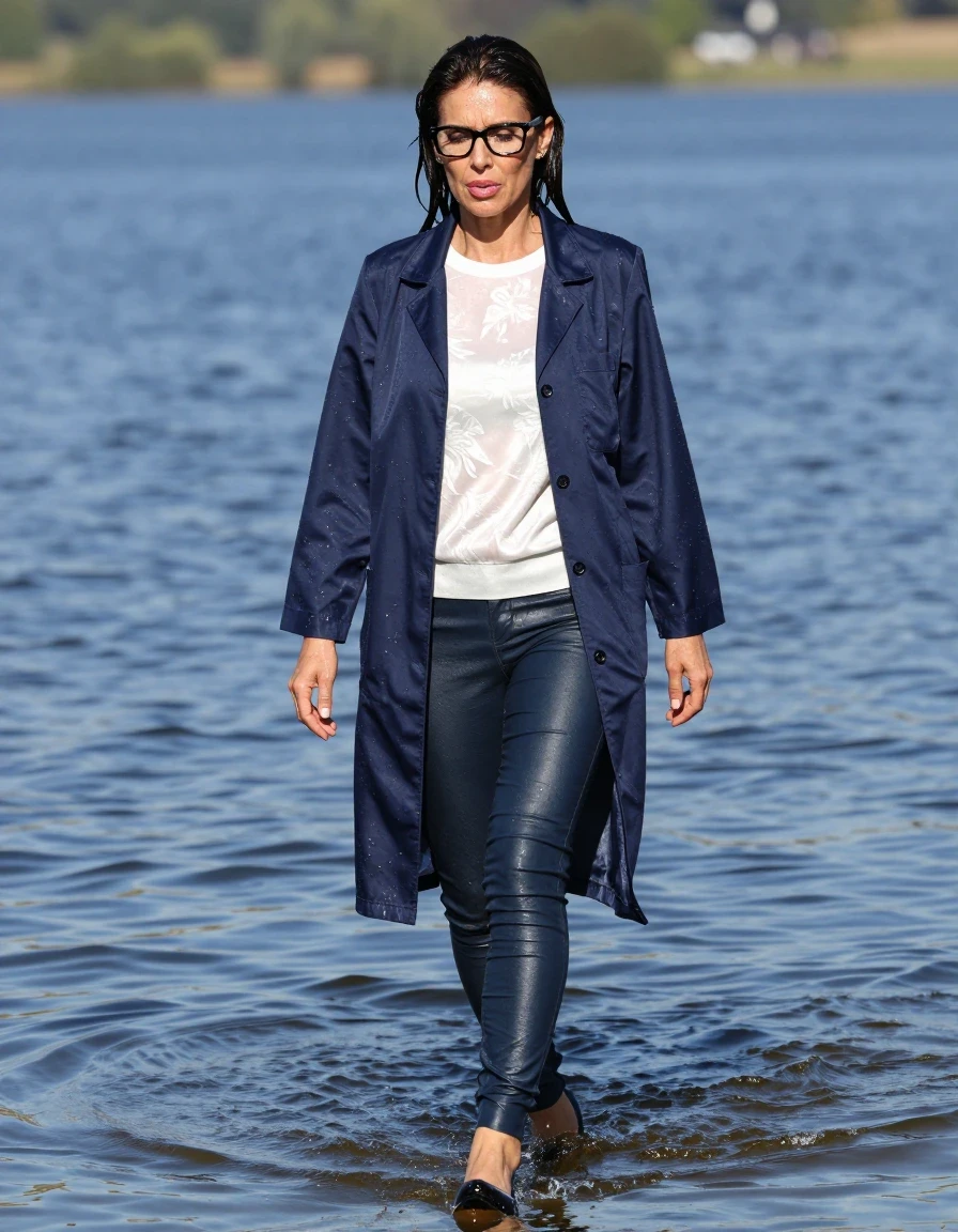 photo of young woman, in soaking wet, drenched clothes,
high-heeled shoes, long dark blue tight leather jeans, shiny white floral sweater, maxi shiny dark blue labcoat, walking submerged up to the hips in very deep sunny lake, , 
enjoying, wet clothes stuck to body,
detailed textures of the wet clothes, wet face, wet plastered hair,
wet, drenched, professional, high-quality details, full body view.
sharp focus, ultra-high pixel detail, realistic, high-quality, full colors, incredibly detailed, 4k, 8k, 16k, hyper-realistic, RAW photo, masterpiece, ultra-detailed, professionally color graded, professional photograph, europen brunette skinny woman 50 years old, long dark black hair, office glasses, very big and thick lips, complete body, wet skin, wet clothes, damp fabric, wet skin, wet clothes, damp fabric, wet skin, wet clothes, damp fabric, wet skin, wet clothes, damp fabric, wet skin, wet clothes, damp fabric, wet skin, wet clothes, damp fabric, wet skin, wet clothes, damp fabric