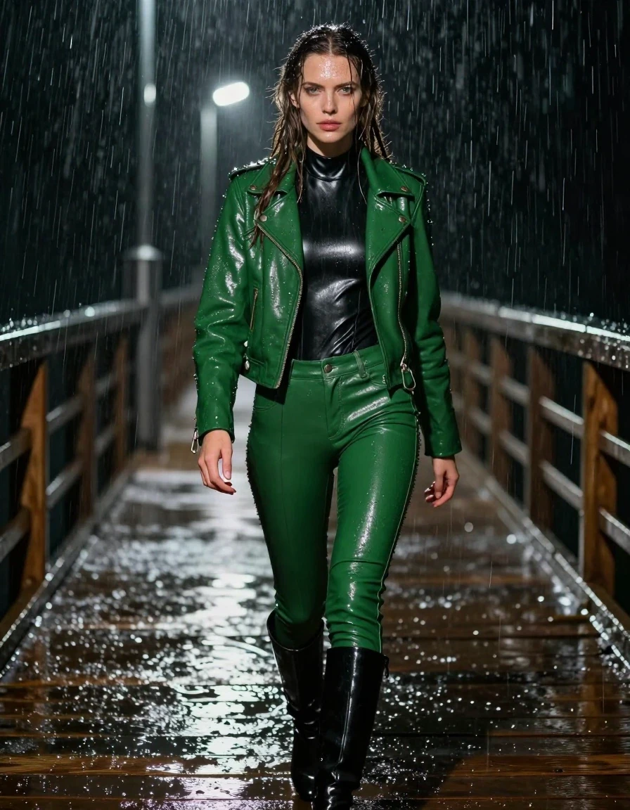 A photorealistic full-body shot of a young adult European woman with long, dripping wet brown hair, walking along a wooden pier at night during a heavy downpour. She is wearing a black leather polar neck catsuit with a green biker leather jacket layered over it, paired with tight green leather pants and black leather knee-high boots. Her skin is glistening with rain, and all her clothing is completely drenched, showing heavy water-soaked textures, clinging fabric, and deep color saturation from the rain. The environment is dark and atmospheric, with rain-slicked surfaces and heavy rain falling, creating intense specular highlights on her wet skin and leather garments. High-contrast lighting from distant pier lamps, cinematic composition, hyper-realistic textures, 8k resolution, detailed moisture, water droplets, and drenched fabric folds.