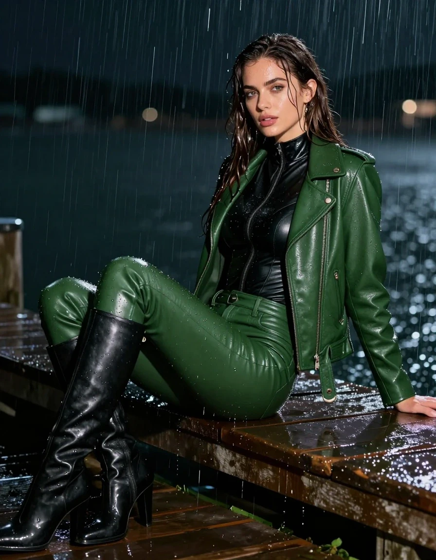 photo of young woman, in soaking wet, drenched clothes,
black leather knee-high boots, green leather pants, black leather polar neck catsuit , green bikers leather jacket, relaxing at a pier at, night, heavy rain, drenched, 
enjoying, wet clothes stuck to body,
detailed textures of the wet clothes, wet face, wet plastered hair,
wet, drenched, professional, high-quality details, full body view.
sharp focus, ultra-high pixel detail, realistic, high-quality, full colors, incredibly detailed, 4k, 8k, 16k, hyper-realistic, RAW photo, masterpiece, ultra-detailed, professionally color graded, professional photograph, white woman, long dripping wet brown hair,, wet skin, wet clothes, damp fabric, wet skin, wet clothes, damp fabric, wet skin, wet clothes, damp fabric