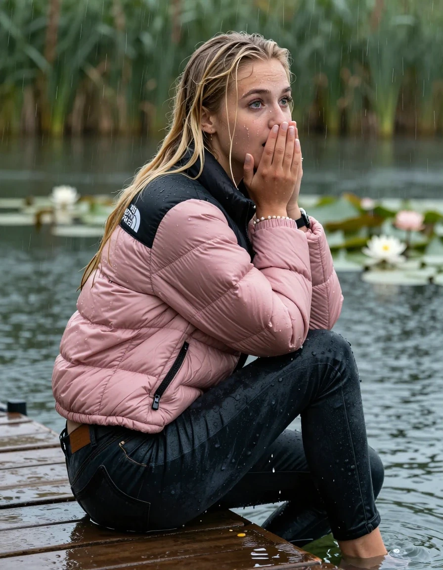 photo of young woman, in soaking wet, drenched clothes,
, tight Dark skinny jeans, pink north face puffer down jacket, Open jacket, tight v-neck sweater, shoulderbag, pearl necklace, bracelet, wristwatch,  jetty by the lake with water lilies and reeds, 
enjoying, wet clothes stuck to body,
detailed textures of the wet clothes, wet face, wet plastered hair,
wet, drenched, professional, high-quality details, full body view.
sharp focus, ultra-high pixel detail, realistic, high-quality, full colors, incredibly detailed, 4k, 8k, 16k, hyper-realistic, RAW photo, masterpiece, ultra-detailed, professionally color graded, professional photograph, A realistic vertical fashion photograph taken from a backward, behind-the-back angle of a young 15-years-old teenage girl sitting on a jetty by the lake after diving in the water, facing to the camera to show her back. She is tilting her head at camera, letting the water drench her hair so it is glued flat against her head and body. She has two blonde sleek very long spaghetti-straight hair, completely saturated and dripping wet hair, with water cascading down her face and neck. Afraid and astonished expression. cover her mouth with her hands. open mouth, big eyes. The lighting is bright and cinematic, highlighting the glistening water droplets on her skin and the saturated texture of her  casual clothes. Heavy rain is visible falling against her. Soft, moody indoor lighting with reflections on the water. High-quality fashion photography style.
her clothing is soaking wet and clinging tightly to her skin, showing heavy wet folds, darkened fabric texture, and deep water-saturated Patches, her clothes are heavy from the water, water runs from her body and her clothes in streams. A lot of water also runs out of her clothes. Her clothes are darkened by the water. 
hyper-realistic wetness, high-contrast water sheen, sharp focus, 16k resolution, professional photography, realistic water physics., wet skin, wet clothes, damp fabric, wet skin, wet clothes, damp fabric, wet skin, wet clothes, damp fabric, wet skin, wet clothes, damp fabric, wet skin, wet clothes, damp fabric, wet skin, wet clothes, damp fabric, wet skin, wet clothes, damp fabric, wet skin, wet clothes, damp fabric, wet skin, wet clothes, damp fabric, wet skin, wet clothes, damp fabric, wet skin, wet clothes, damp fabric, wet skin, wet clothes, damp fabric, wet skin, wet clothes, damp fabric, wet skin, wet clothes, damp fabric, wet skin, wet clothes, damp fabric, wet skin, wet clothes, damp fabric, wet skin, wet clothes, damp fabric, wet skin, wet clothes, damp fabric, wet skin, wet clothes, damp fabric