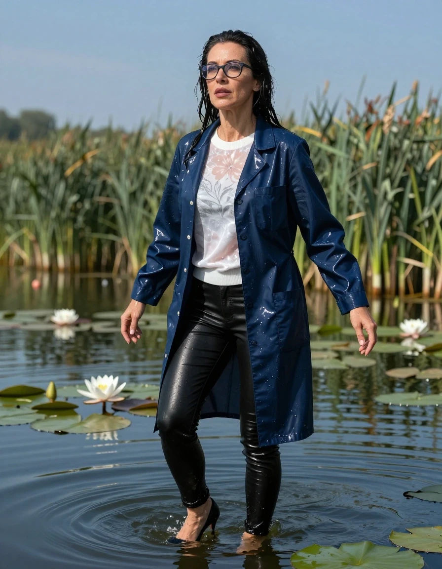 photo of young woman, in soaking wet, drenched clothes,
high-heeled shoes, long black tight leather jeans, shiny white floral sweater, maxi shiny dark blue labcoat, Swimming complete submerged under very deep sunny lake with water lilies and reeds, completely underwater up to her neck, 
enjoying, wet clothes stuck to body,
detailed textures of the wet clothes, wet face, wet plastered hair,
wet, drenched, professional, high-quality details, full body view.
sharp focus, ultra-high pixel detail, realistic, high-quality, full colors, incredibly detailed, 4k, 8k, 16k, hyper-realistic, RAW photo, masterpiece, ultra-detailed, professionally color graded, professional photograph, europen brunette skinny woman 50 years old, long dark black hair, office glasses, very big and thick lips, complete body, wet skin, wet clothes, damp fabric, wet skin, wet clothes, damp fabric, wet skin, wet clothes, damp fabric, wet skin, wet clothes, damp fabric, wet skin, wet clothes, damp fabric, wet skin, wet clothes, damp fabric, wet skin, wet clothes, damp fabric