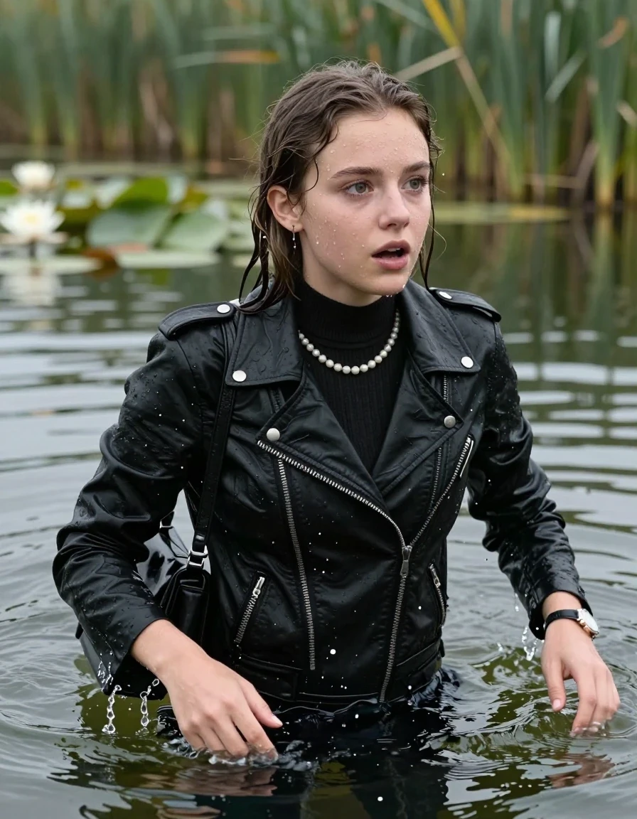 photo of young woman, in soaking wet, drenched clothes,
, , black biker leatherjacket,  closed jacket, tight knit turtleneck sweater belly free, shoulderbag, pearl necklace, bracelet, wristwatch, Swimming and sinking deep into the water after diving in a lake with water lilies and reeds, 
enjoying, wet clothes stuck to body,
detailed textures of the wet clothes, wet face, wet plastered hair,
wet, drenched, professional, high-quality details, full body view.
sharp focus, ultra-high pixel detail, realistic, high-quality, full colors, incredibly detailed, 4k, 8k, 16k, hyper-realistic, RAW photo, masterpiece, ultra-detailed, professionally color graded, professional photograph, undone hair

15 years old  teenage girl

Looking away, Whole body and shoulders are submerged under the surface. open mouth, big eyes.

she is completely underwater up to her neck.

hands up.

her submerged clothes are hardly vusible under water, she soaked her handbag into the water
she is completely underwater up to her neck, astonished expression. 

her clothing is soaking wet and clinging tightly to her skin, showing heavy wet folds, darkened fabric texture, and deep water-saturated Patches, her clothes are heavy from the water, water runs from her body and her clothes in streams. A lot of water also runs out of her clothes. Her clothes are darkened by the water. Her submerged clothes are good visible under the water.  she soaked her handbag into the water.

close up view, wet skin, wet clothes, wet hair, damp fabric, water runs down the clothes, wet skin, wet clothes, damp fabric. cinematic medium shot, hyper-realistic wetness, high-contrast water sheen, sharp focus, 16k resolution, professional photography, realistic water physics., wet skin, wet clothes, damp fabric, wet skin, wet clothes, damp fabric, wet skin, wet clothes, damp fabric, wet skin, wet clothes, damp fabric, wet skin, wet clothes, damp fabric