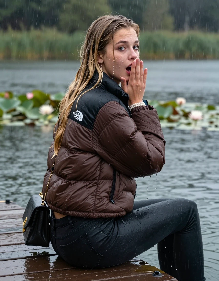 photo of young woman, in soaking wet, drenched clothes,
, tight Dark skinny jeans, brown north face puffer down jacket, Open jacket, tight v-neck sweater, shoulderbag, pearl necklace, bracelet, wristwatch,  jetty by the lake with water lilies and reeds, 
enjoying, wet clothes stuck to body,
detailed textures of the wet clothes, wet face, wet plastered hair,
wet, drenched, professional, high-quality details, full body view.
sharp focus, ultra-high pixel detail, realistic, high-quality, full colors, incredibly detailed, 4k, 8k, 16k, hyper-realistic, RAW photo, masterpiece, ultra-detailed, professionally color graded, professional photograph, A realistic vertical fashion photograph taken from a backward, behind-the-back angle of a young 15-years-old teenage girl sitting on a jetty by the lake after diving in the water, facing to the camera to show her back. She is tilting her head at camera, letting the water drench her hair so it is glued flat against her head and body. She has two blonde sleek very long straight hair with birkin bangs, completely saturated and dripping wet hair, with water cascading down her face and neck. Afraid and astonished expression. cover her mouth with her hands. open mouth, big eyes. The lighting is bright and cinematic, highlighting the glistening water droplets on her skin and the saturated texture of her  casual clothes. Heavy rain is visible falling against her. Soft, moody indoor lighting with reflections on the water. High-quality fashion photography style.
her clothing is soaking wet and clinging tightly to her skin, showing heavy wet folds, darkened fabric texture, and deep water-saturated Patches, her clothes are heavy from the water, water runs from her body and her clothes in streams. A lot of water also runs out of her clothes. Her clothes are darkened by the water. 
hyper-realistic wetness, high-contrast water sheen, sharp focus, 16k resolution, professional photography, realistic water physics., wet skin, wet clothes, damp fabric, wet skin, wet clothes, damp fabric, wet skin, wet clothes, damp fabric, wet skin, wet clothes, damp fabric, wet skin, wet clothes, damp fabric, wet skin, wet clothes, damp fabric, wet skin, wet clothes, damp fabric, wet skin, wet clothes, damp fabric, wet skin, wet clothes, damp fabric, wet skin, wet clothes, damp fabric, wet skin, wet clothes, damp fabric, wet skin, wet clothes, damp fabric, wet skin, wet clothes, damp fabric, wet skin, wet clothes, damp fabric, wet skin, wet clothes, damp fabric, wet skin, wet clothes, damp fabric, wet skin, wet clothes, damp fabric, wet skin, wet clothes, damp fabric, wet skin, wet clothes, damp fabric