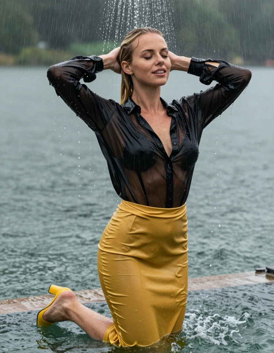 photo of young woman, in soaking wet, drenched clothes,
pumps, dark yellow slim floor-length satin skirt, see-through, black satin oversized long blouse, see-through, kein BH, lake, heavy rain, 
enjoying, wet clothes stuck to body,
detailed textures of the wet clothes, wet face, wet plastered hair,
wet, drenched, professional, high-quality details, full body view.
sharp focus, ultra-high pixel detail, realistic, high-quality, full colors, incredibly detailed, 4k, 8k, 16k, hyper-realistic, RAW photo, masterpiece, ultra-detailed, professionally color graded, professional photograph, blond hair, pool shower, collar, long sleeves, buttoned, wet hair, long hair, soaking wet blouse,  full body view,  side view, drenched clothes, shower, wet skin, wet clothes, soaking wet fabric, pouring water on head,
kein BH, sichtbare Brüste, im wasser liegen, smiling, wet skin, wet clothes, damp fabric