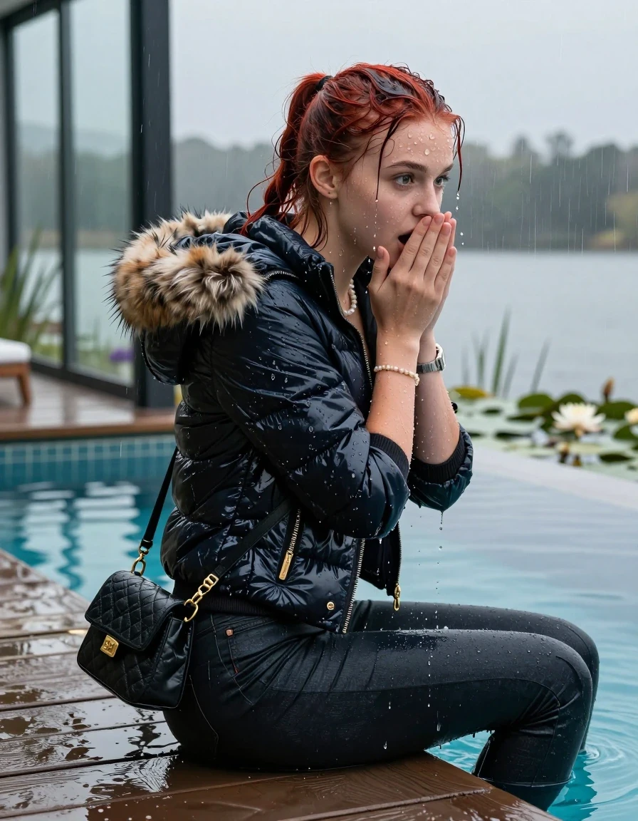 photo of young woman, in soaking wet, drenched clothes,
, Dark levis skinny jeans, Moncler shiny puffer down jacket with fur, Open jacket, tight v-neck sweater, shoulderbag, pearl necklace, bracelet, wristwatch, jetty by the lake with water lilies and reeds, 
enjoying, wet clothes stuck to body,
detailed textures of the wet clothes, wet face, wet plastered hair,
wet, drenched, professional, high-quality details, full body view.
sharp focus, ultra-high pixel detail, realistic, high-quality, full colors, incredibly detailed, 4k, 8k, 16k, hyper-realistic, RAW photo, masterpiece, ultra-detailed, professionally color graded, professional photograph, A realistic vertical fashion photograph taken from a backward, behind-the-back angle of a 15-year-old teenage girl sitting  in a glass-walled outdoor swimming pool, facing down to the camera to show her back. She is tilting her head at camera, letting the water drench her hair so it is glued flat against her head and body. She has a red ponytail , completely saturated and dripping wet hair, with water cascading down her face and neck. Afraid and astonished expression. cover her mouth with her hands. open mouth, big eyes. The lighting is bright and cinematic, highlighting the glistening water droplets on her skin and the saturated texture of her  casual clothes. Outside the large glass wall of the pool building, heavy rain is visible falling against the window. Soft, moody indoor lighting with reflections on the water. High-quality fashion photography style.
her clothing is soaking wet and clinging tightly to her skin, showing heavy wet folds, darkened fabric texture, and deep water-saturated Patches, her clothes are heavy from the water, water runs from her body and her clothes in streams. A lot of water also runs out of her clothes. Her clothes are darkened by the water. 
hyper-realistic wetness, high-contrast water sheen, sharp focus, 16k resolution, professional photography, realistic water physics., wet skin, wet clothes, damp fabric, wet skin, wet clothes, damp fabric, wet skin, wet clothes, damp fabric, wet skin, wet clothes, damp fabric, wet skin, wet clothes, damp fabric, wet skin, wet clothes, damp fabric, wet skin, wet clothes, damp fabric, wet skin, wet clothes, damp fabric, wet skin, wet clothes, damp fabric, wet skin, wet clothes, damp fabric, wet skin, wet clothes, damp fabric, wet skin, wet clothes, damp fabric, wet skin, wet clothes, damp fabric, wet skin, wet clothes, damp fabric, wet skin, wet clothes, damp fabric, wet skin, wet clothes, damp fabric, wet skin, wet clothes, damp fabric, wet skin, wet clothes, damp fabric, wet skin, wet clothes, damp fabric, wet skin, wet clothes, damp fabric, wet skin, wet clothes, damp fabric