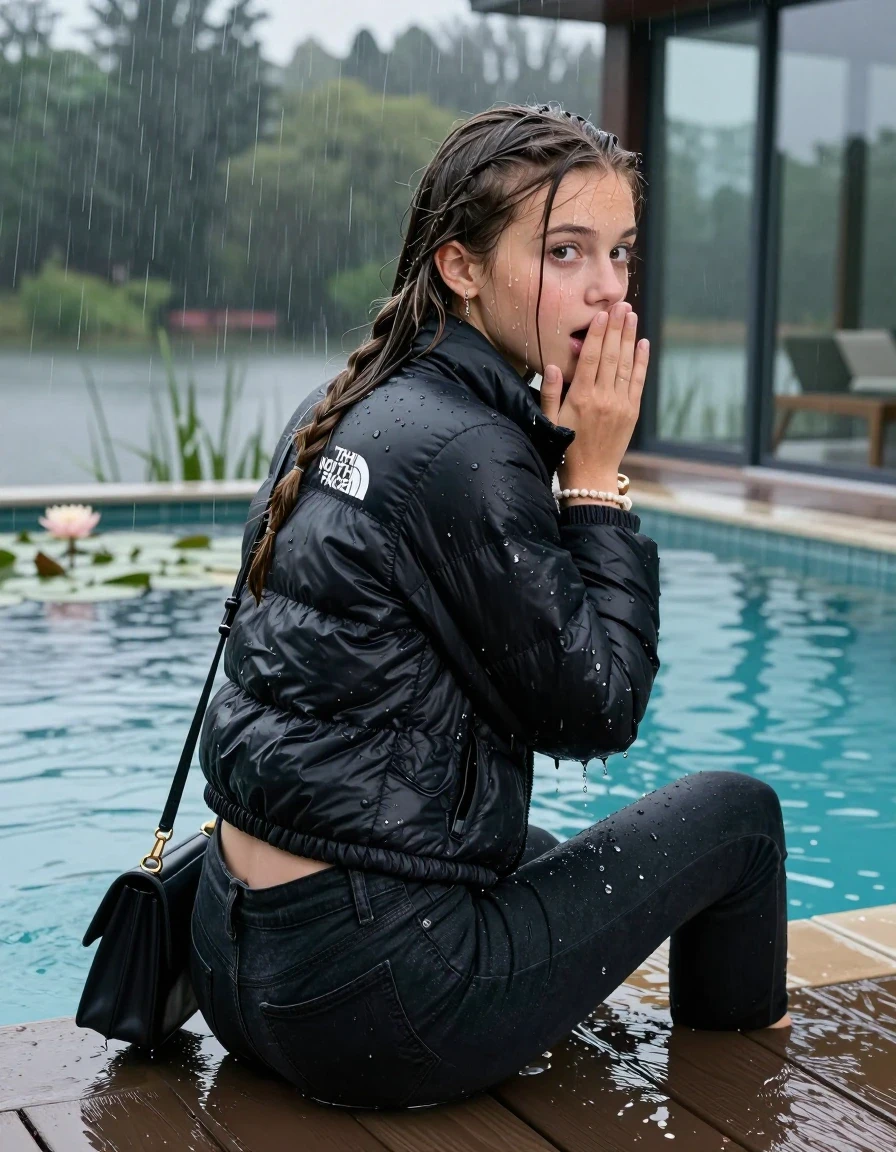 photo of young woman, in soaking wet, drenched clothes,
, Dark levis skinny jeans, Black North face puffer down jacket, tight v-neck sweater, shoulderbag, pearl necklace, bracelet, wristwatch, jetty by the lake with water lilies and reeds, 
enjoying, wet clothes stuck to body,
detailed textures of the wet clothes, wet face, wet plastered hair,
wet, drenched, professional, high-quality details, full body view.
sharp focus, ultra-high pixel detail, realistic, high-quality, full colors, incredibly detailed, 4k, 8k, 16k, hyper-realistic, RAW photo, masterpiece, ultra-detailed, professionally color graded, professional photograph, A realistic vertical fashion photograph taken from a backward, behind-the-back angle of a 13-year-old girl sitting  and slides into a glass-walled outdoor swimming pool, facing down to the camera to show her back. She is tilting her head at camera, letting the water drench her hair so it is glued flat against her head and body. She has Sleek long straight hair with braids, completely saturated and dripping wet hair, with water cascading down her face and neck. Afraid and astonished expression. cover her mouth with her hands. big eyes. The lighting is bright and cinematic, highlighting the glistening water droplets on her skin and the saturated texture of her  casual clothes. Outside the large glass wall of the pool building, heavy rain is visible falling against the window. Soft, moody indoor lighting with reflections on the water. High-quality fashion photography style.
her clothing is soaking wet and clinging tightly to her skin, showing heavy wet folds, darkened fabric texture, and deep water-saturated Patches, her clothes are heavy from the water, water runs from her body and her clothes in streams. A lot of water also runs out of her clothes. Her clothes are darkened by the water. 
hyper-realistic wetness, high-contrast water sheen, sharp focus, 16k resolution, professional photography, realistic water physics., wet skin, wet clothes, damp fabric., wet skin, wet clothes, damp fabric