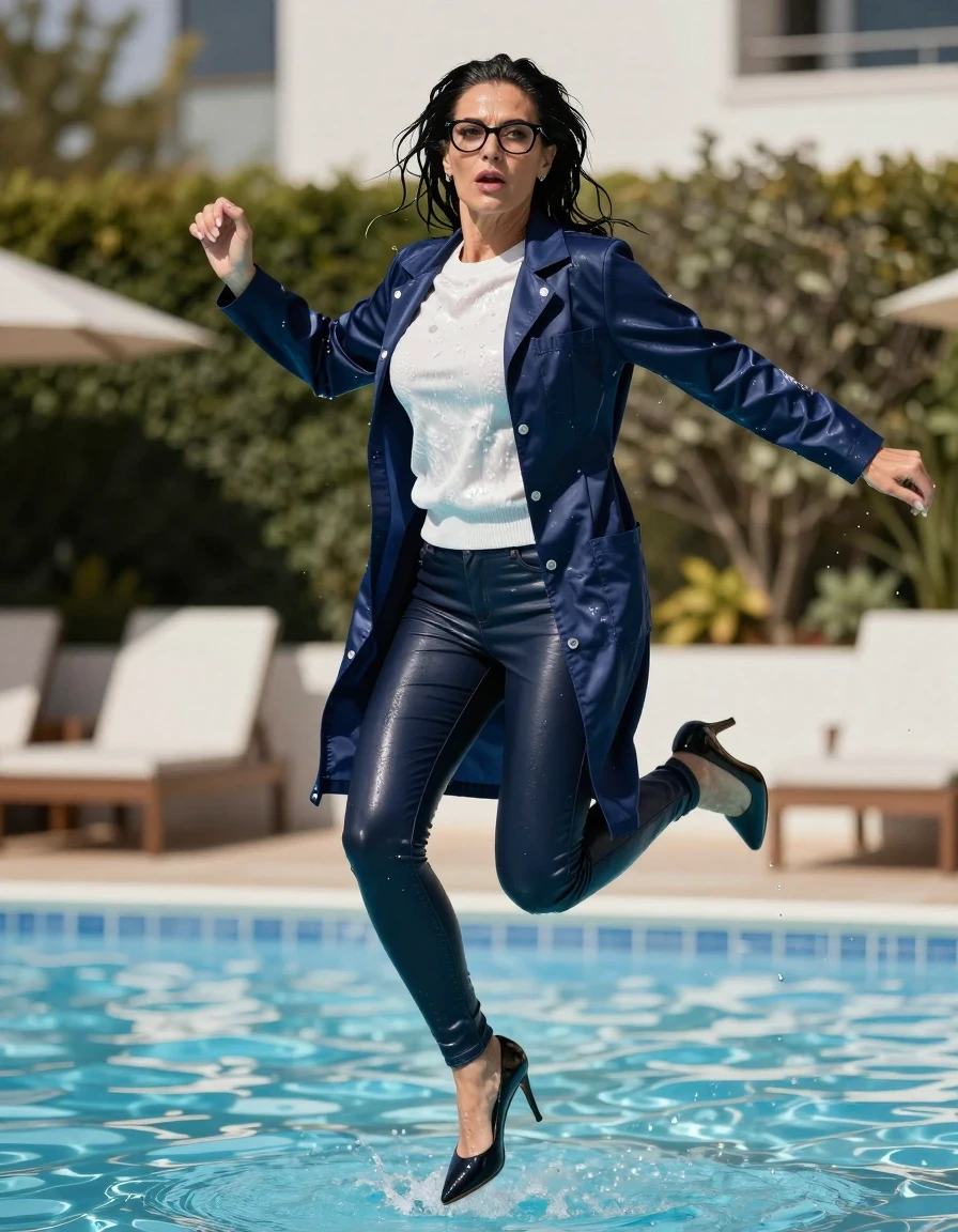 photo of young woman, in soaking wet, drenched clothes,
high-heeled shoes, long dark blue tight leather jeans, shiny white floral sweater, maxi shiny dark blue labcoat, jumping in sunny pool, 
enjoying, wet clothes stuck to body,
detailed textures of the wet clothes, wet face, wet plastered hair,
wet, drenched, professional, high-quality details, full body view.
sharp focus, ultra-high pixel detail, realistic, high-quality, full colors, incredibly detailed, 4k, 8k, 16k, hyper-realistic, RAW photo, masterpiece, ultra-detailed, professionally color graded, professional photograph, europen brunette skinny woman 50 years old, long dark black hair, office glasses, very big and thick lips, complete body, wet skin, wet clothes, damp fabric, wet skin, wet clothes, damp fabric, wet skin, wet clothes, damp fabric, wet skin, wet clothes, damp fabric, wet skin, wet clothes, damp fabric, wet skin, wet clothes, damp fabric, wet skin, wet clothes, damp fabric