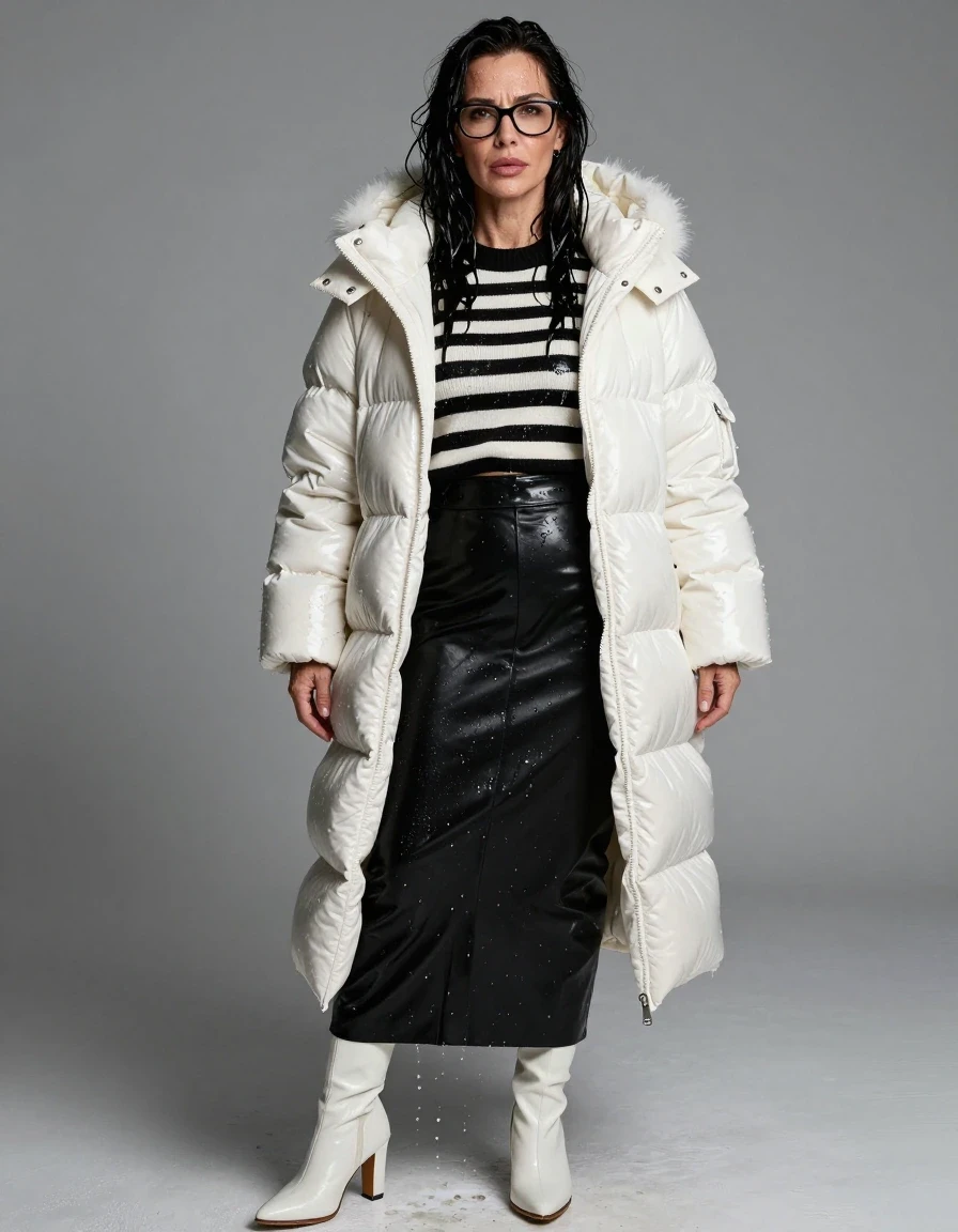 photo of young woman, in soaking wet, drenched clothes,
high-heeled white boots, shiny black leather maxi skirt, shiny black & white striped sweater, maxi shiny white down jacket with fur, after shower, enjoying wet clothes stuck body, enjoying, wet clothes stuck to body, 
enjoying, wet clothes stuck to body,
detailed textures of the wet clothes, wet face, wet plastered hair,
wet, drenched, professional, high-quality details, full body view.
sharp focus, ultra-high pixel detail, realistic, high-quality, full colors, incredibly detailed, 4k, 8k, 16k, hyper-realistic, RAW photo, masterpiece, ultra-detailed, professionally color graded, professional photograph, europen brunette skinny woman 50 years old, long dark black hair, office glasses, very big and thick lips, complete body, wet skin, wet clothes, damp fabric, wet skin, wet clothes, damp fabric, wet skin, wet clothes, damp fabric, wet skin, wet clothes, damp fabric, wet skin, wet clothes, damp fabric, wet skin, wet clothes, damp fabric, wet skin, wet clothes, damp fabric