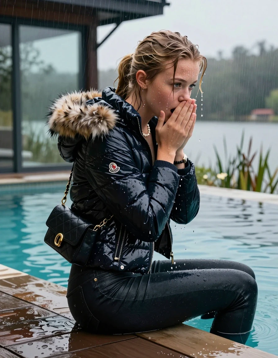 photo of young woman, in soaking wet, drenched clothes,
, Dark levis skinny jeans, Moncler shiny puffer down jacket with fur, Open jacket, tight v-neck sweater, shoulderbag, pearl necklace, bracelet, wristwatch, jetty by the lake with water lilies and reeds, 
enjoying, wet clothes stuck to body,
detailed textures of the wet clothes, wet face, wet plastered hair,
wet, drenched, professional, high-quality details, full body view.
sharp focus, ultra-high pixel detail, realistic, high-quality, full colors, incredibly detailed, 4k, 8k, 16k, hyper-realistic, RAW photo, masterpiece, ultra-detailed, professionally color graded, professional photograph, A realistic vertical fashion photograph taken from a backward, behind-the-back angle of a 15-year-old teenage girl sitting  in a glass-walled outdoor swimming pool, facing down to the camera to show her back. She is tilting her head at camera, letting the water drench her hair so it is glued flat against her head and body. She has a blonde ponytail , completely saturated and dripping wet hair, with water cascading down her face and neck. Afraid and astonished expression. cover her mouth with her hands. open mouth, big eyes. The lighting is bright and cinematic, highlighting the glistening water droplets on her skin and the saturated texture of her  casual clothes. Outside the large glass wall of the pool building, heavy rain is visible falling against the window. Soft, moody indoor lighting with reflections on the water. High-quality fashion photography style.
her clothing is soaking wet and clinging tightly to her skin, showing heavy wet folds, darkened fabric texture, and deep water-saturated Patches, her clothes are heavy from the water, water runs from her body and her clothes in streams. A lot of water also runs out of her clothes. Her clothes are darkened by the water. 
hyper-realistic wetness, high-contrast water sheen, sharp focus, 16k resolution, professional photography, realistic water physics., wet skin, wet clothes, damp fabric, wet skin, wet clothes, damp fabric, wet skin, wet clothes, damp fabric, wet skin, wet clothes, damp fabric, wet skin, wet clothes, damp fabric, wet skin, wet clothes, damp fabric, wet skin, wet clothes, damp fabric, wet skin, wet clothes, damp fabric, wet skin, wet clothes, damp fabric, wet skin, wet clothes, damp fabric, wet skin, wet clothes, damp fabric, wet skin, wet clothes, damp fabric, wet skin, wet clothes, damp fabric, wet skin, wet clothes, damp fabric, wet skin, wet clothes, damp fabric, wet skin, wet clothes, damp fabric, wet skin, wet clothes, damp fabric, wet skin, wet clothes, damp fabric, wet skin, wet clothes, damp fabric, wet skin, wet clothes, damp fabric, wet skin, wet clothes, damp fabric