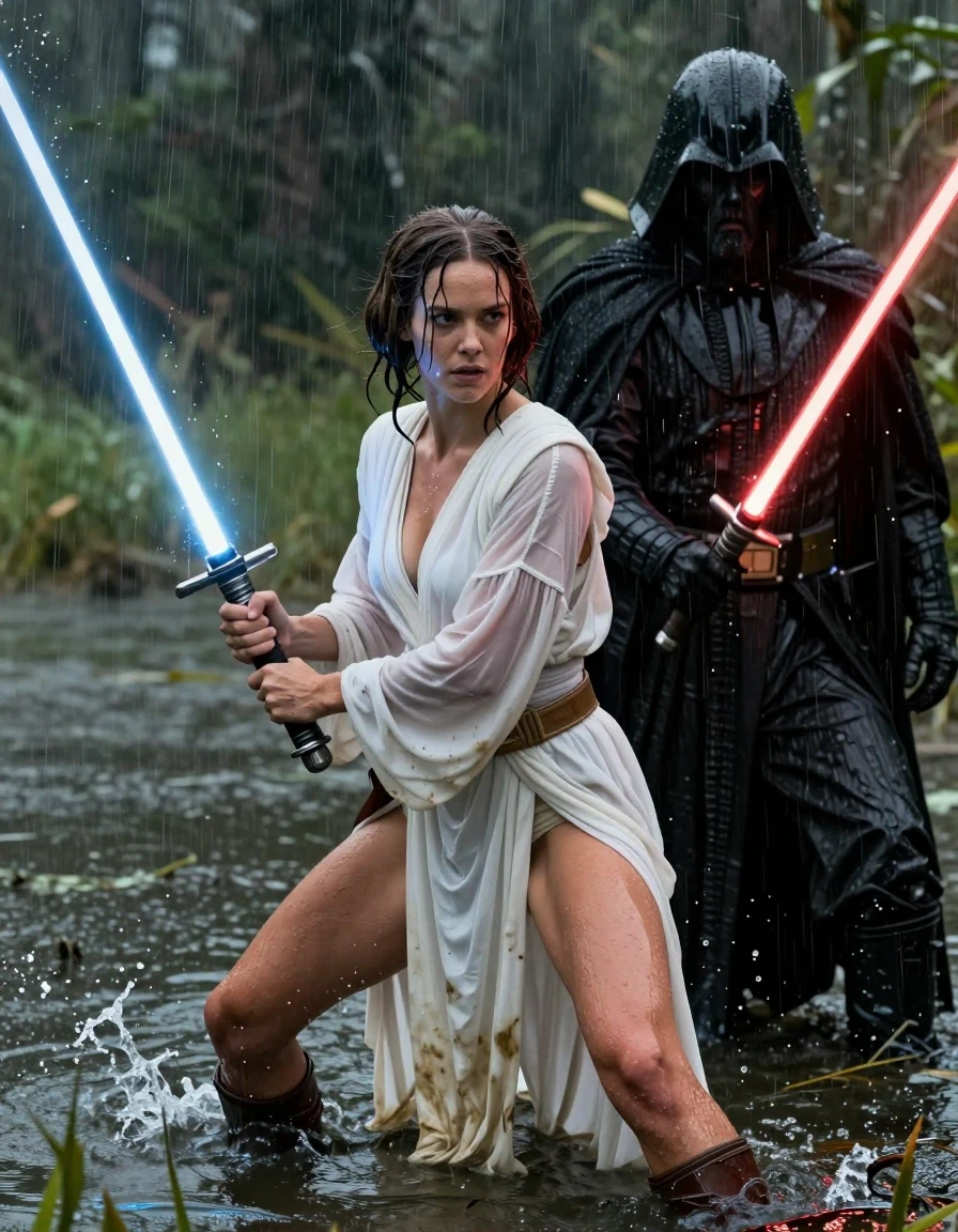 photo of young woman, in soaking wet, drenched clothes,
barefeed, star wars princess leia outfit, shallow swamp lake, witth a dark jungle in the background, Star Wars style, 
enjoying, wet clothes stuck to body,
detailed textures of the wet clothes, wet face, wet plastered hair,
wet, drenched, professional, high-quality details, full body view.
sharp focus, ultra-high pixel detail, realistic, high-quality, full colors, incredibly detailed, 4k, 8k, 16k, hyper-realistic, RAW photo, masterpiece, ultra-detailed, professionally color graded, professional photograph, a young nordic girl wears a princess leia style white outfit an princess leia hair style. she is holding a holdig Star wars light sabre. next to her is a star wars sith lord holding an Light sabre. The girl fights aganist the sith lord in the shallow swamp using the light sabre. her clothes are completly drenched and dirty from the swamp. the girl wears no bra. her big breasts are visible through the seethrough Dress. on the picture ist heavy rain. Water splashes high in the lake from the fight. wet skin, wet hair, wet clothes, damp fabric, wet skin, wet clothes, damp fabric, wet skin, wet clothes, damp fabric