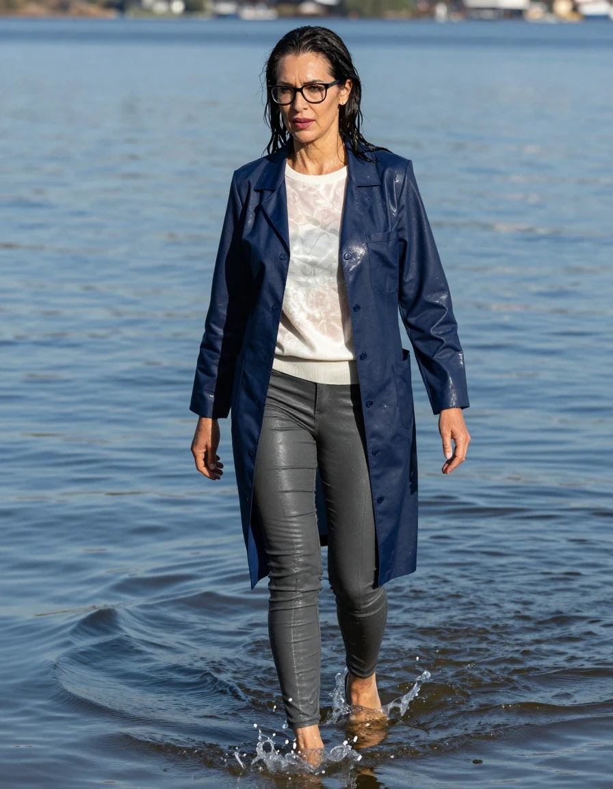 photo of young woman, in soaking wet, drenched clothes,
high-heeled shoes, long gray tight leather jeans, shiny white floral sweater, maxi shiny dark blue labcoat, walking Swimming submerged inr very deep sunny lake, in water up to the hips, 
enjoying, wet clothes stuck to body,
detailed textures of the wet clothes, wet face, wet plastered hair,
wet, drenched, professional, high-quality details, full body view.
sharp focus, ultra-high pixel detail, realistic, high-quality, full colors, incredibly detailed, 4k, 8k, 16k, hyper-realistic, RAW photo, masterpiece, ultra-detailed, professionally color graded, professional photograph, europen brunette skinny woman 50 years old, long dark black hair, office glasses, very big and thick lips, complete body, wet skin, wet clothes, damp fabric, wet skin, wet clothes, damp fabric, wet skin, wet clothes, damp fabric, wet skin, wet clothes, damp fabric, wet skin, wet clothes, damp fabric, wet skin, wet clothes, damp fabric, wet skin, wet clothes, damp fabric