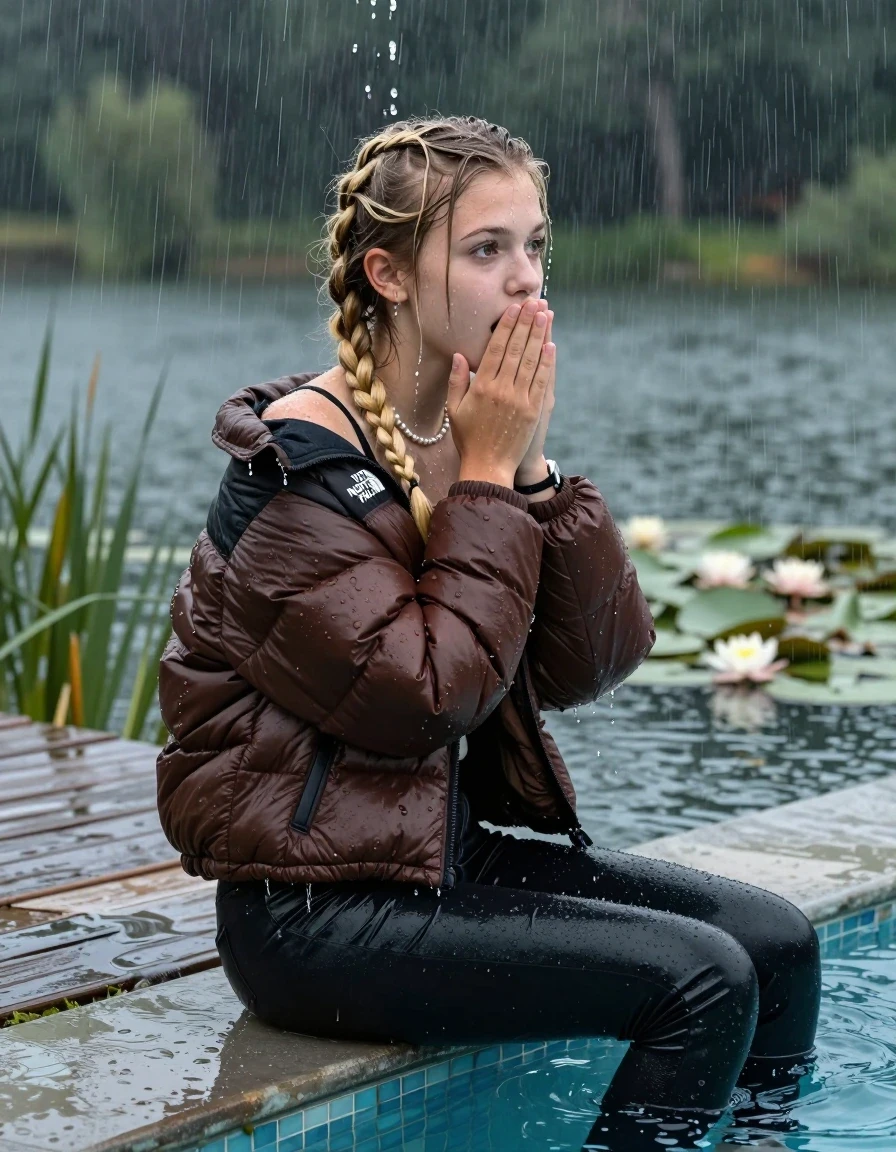 photo of young woman, in soaking wet, drenched clothes,
, Dark skinny jeans, brown north face puffer down jacket, Open jacket, tight v-neck sweater, shoulderbag, pearl necklace, bracelet, wristwatch, Orgasm in jetty by the lake with water lilies and reeds, 
enjoying, wet clothes stuck to body,
detailed textures of the wet clothes, wet face, wet plastered hair,
wet, drenched, professional, high-quality details, full body view.
sharp focus, ultra-high pixel detail, realistic, high-quality, full colors, incredibly detailed, 4k, 8k, 16k, hyper-realistic, RAW photo, masterpiece, ultra-detailed, professionally color graded, professional photograph, A realistic vertical fashion photograph taken from a backward, behind-the-back angle of a 15-year-old teenage girl sitting  in a glass-walled outdoor swimming pool, facing to the camera to show her back. She is tilting her head at camera, letting the water drench her hair so it is glued flat against her head and body. She has two blonde long braids , completely saturated and dripping wet hair, with water cascading down her face and neck. Afraid and astonished expression. cover her mouth with her hands. open mouth, big eyes. The lighting is bright and cinematic, highlighting the glistening water droplets on her skin and the saturated texture of her  casual clothes. Outside the large glass wall of the pool building, heavy rain is visible falling against the window. Soft, moody indoor lighting with reflections on the water. High-quality fashion photography style.
her clothing is soaking wet and clinging tightly to her skin, showing heavy wet folds, darkened fabric texture, and deep water-saturated Patches, her clothes are heavy from the water, water runs from her body and her clothes in streams. A lot of water also runs out of her clothes. Her clothes are darkened by the water. 
hyper-realistic wetness, high-contrast water sheen, sharp focus, 16k resolution, professional photography, realistic water physics., wet skin, wet clothes, damp fabric, wet skin, wet clothes, damp fabric, wet skin, wet clothes, damp fabric, wet skin, wet clothes, damp fabric, wet skin, wet clothes, damp fabric, wet skin, wet clothes, damp fabric, wet skin, wet clothes, damp fabric, wet skin, wet clothes, damp fabric, wet skin, wet clothes, damp fabric, wet skin, wet clothes, damp fabric, wet skin, wet clothes, damp fabric, wet skin, wet clothes, damp fabric, wet skin, wet clothes, damp fabric, wet skin, wet clothes, damp fabric, wet skin, wet clothes, damp fabric, wet skin, wet clothes, damp fabric, wet skin, wet clothes, damp fabric, wet skin, wet clothes, damp fabric, wet skin, wet clothes, damp fabric