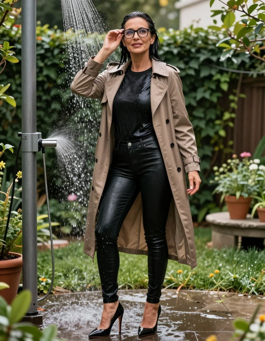 photo of young woman, in soaking wet, drenched clothes,
high-heeled shoes, long black tight leather jeans, shiny black sweater, maxi light brown trenchcoat, under the shower in sunny garden, 
enjoying, wet clothes stuck to body,
detailed textures of the wet clothes, wet face, wet plastered hair,
wet, drenched, professional, high-quality details, full body view.
sharp focus, ultra-high pixel detail, realistic, high-quality, full colors, incredibly detailed, 4k, 8k, 16k, hyper-realistic, RAW photo, masterpiece, ultra-detailed, professionally color graded, professional photograph, europen brunette skinny woman 50 years old, long dark black hair, office glasses, very big and thick lips, complete body, wet skin, wet clothes, damp fabric, wet skin, wet clothes, damp fabric, wet skin, wet clothes, damp fabric, wet skin, wet clothes, damp fabric, wet skin, wet clothes, damp fabric, wet skin, wet clothes, damp fabric, wet skin, wet clothes, damp fabric
