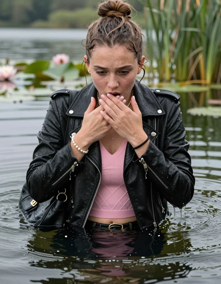 photo of young woman, in soaking wet, drenched clothes,
, , black biker leatherjacket, tight pink v-neck sweater with diamond pattern belly free, shoulderbag, pearl necklace, bracelet, wristwatch, Swimming and sinking deep into the water after diving in a lake with water lilies and reeds, 
enjoying, wet clothes stuck to body,
detailed textures of the wet clothes, wet face, wet plastered hair,
wet, drenched, professional, high-quality details, full body view.
sharp focus, ultra-high pixel detail, realistic, high-quality, full colors, incredibly detailed, 4k, 8k, 16k, hyper-realistic, RAW photo, masterpiece, ultra-detailed, professionally color graded, professional photograph, half-up with a topknot

15-years-old  teenage girl

Looking down, Whole body and shoulders are submerged under the surface. open mouth, big eyes.

she is completely underwater up to her neck.

hold a hand over her mouth.

her submerged clothes are hardly visible under water, she soaked her handbag into the water
she is completely underwater up to her neck, shocked and astonished expression. 

her clothing is soaking wet and clinging tightly to her skin, showing heavy wet folds, darkened fabric texture, and deep water-saturated Patches, her clothes are heavy from the water, water runs from her body and her clothes in streams. A lot of water also runs out of her clothes. Her clothes are darkened by the water. Her submerged clothes are good visible under the water.  she soaked her handbag into the water.

close up view, wet skin, wet clothes, wet hair, damp fabric, water runs down the clothes, wet skin, wet clothes, damp fabric. cinematic medium shot, hyper-realistic wetness, high-contrast water sheen, sharp focus, 16k resolution, professional photography, realistic water physics., wet skin, wet clothes, damp fabric, wet skin, wet clothes, damp fabric, wet skin, wet clothes, damp fabric, wet skin, wet clothes, damp fabric, wet skin, wet clothes, damp fabric